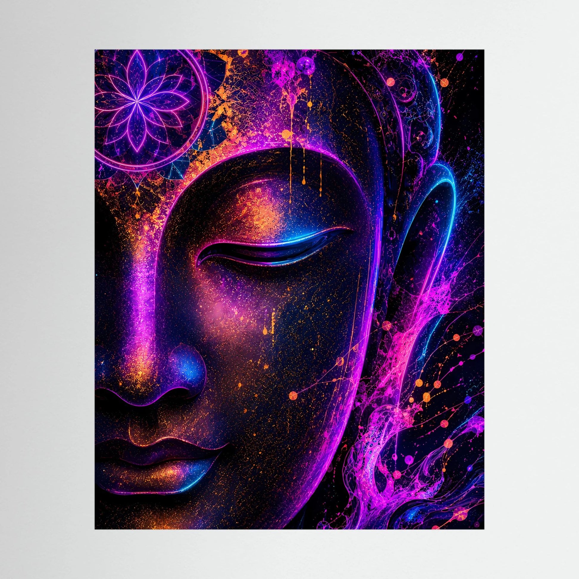 Neon-Buddha-Poster im schwarzen Rahmen mit Gesichtsdetail in Pink, Blau und Gold.
