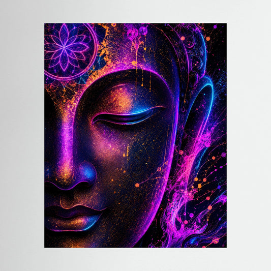 Neon-Buddha-Poster im schwarzen Rahmen mit Gesichtsdetail in Pink, Blau und Gold.