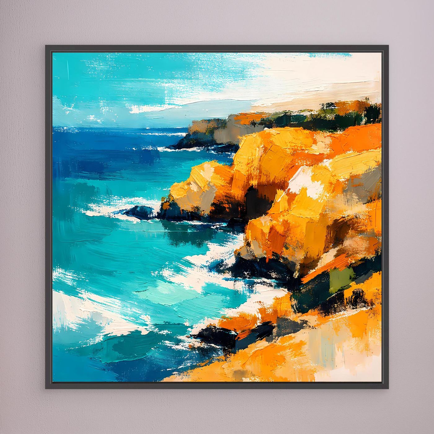Leinwand Abstraktes Steilküsten Gemälde | Modernes Mediterranes Meeres Wandbild Blau Gelb