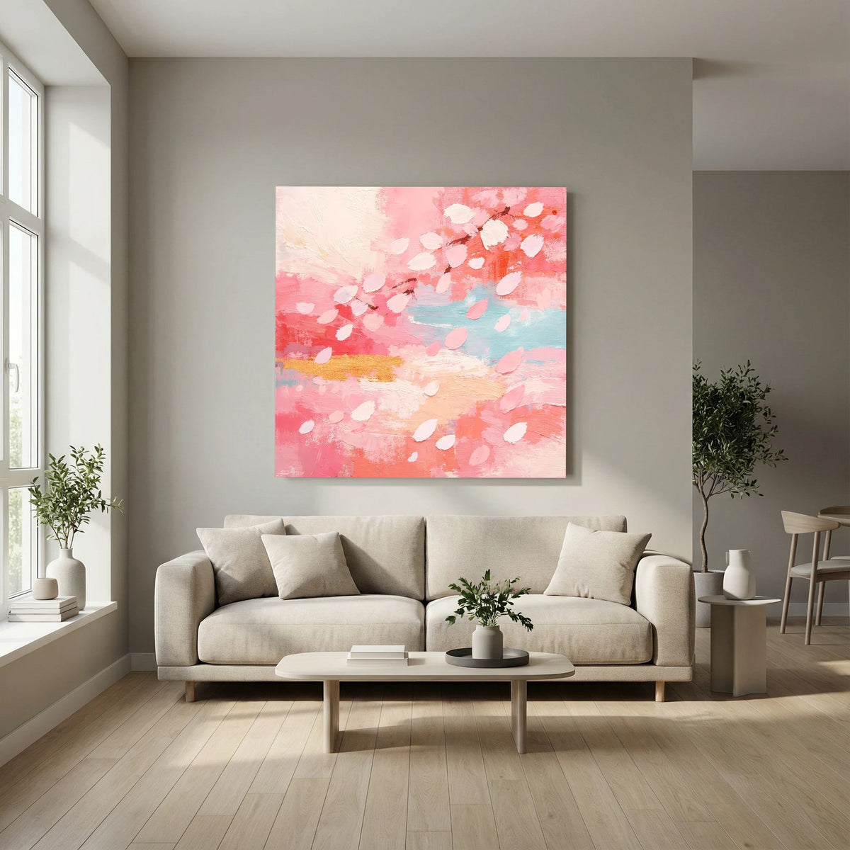 Quadratisches Leinwandbild mit abstrakten Kirschblüten in Pastellrosa und Weiß, mit Hellblau-Flächen
