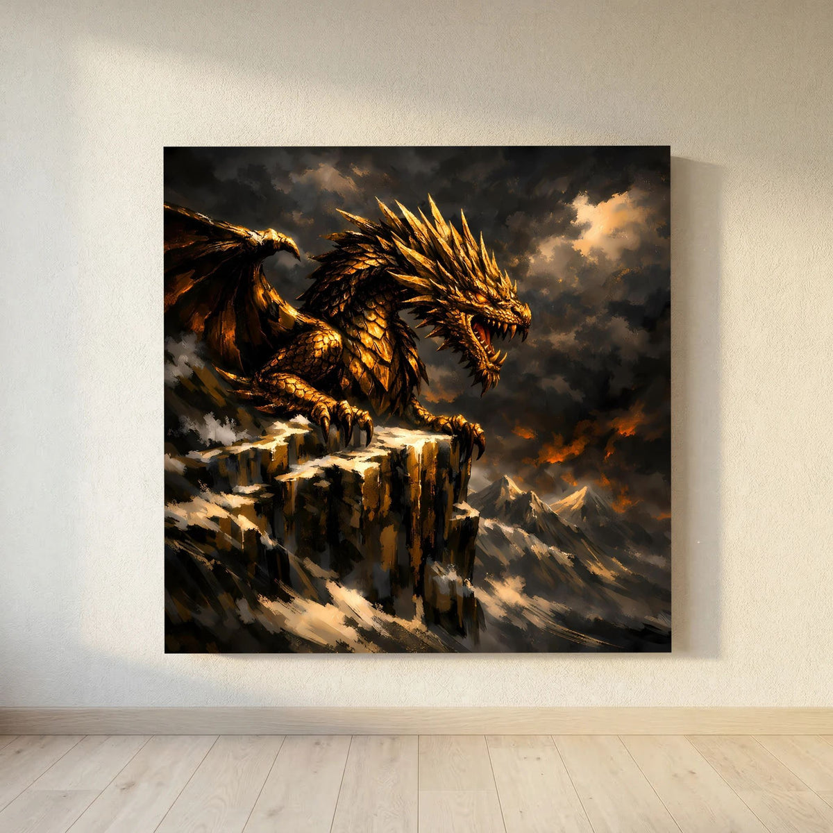 Fantasy-Wandbild: goldener Drache über zerklüfteten Klippen, rauchiger Himmel, Keilrahmen