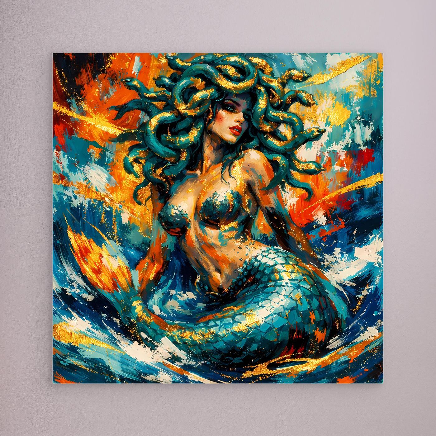 Leinwandbild ohne Rahmen mit Medusa-Meerjungfrau, abstraktem Fantasy-Motiv in Blau und Orange
