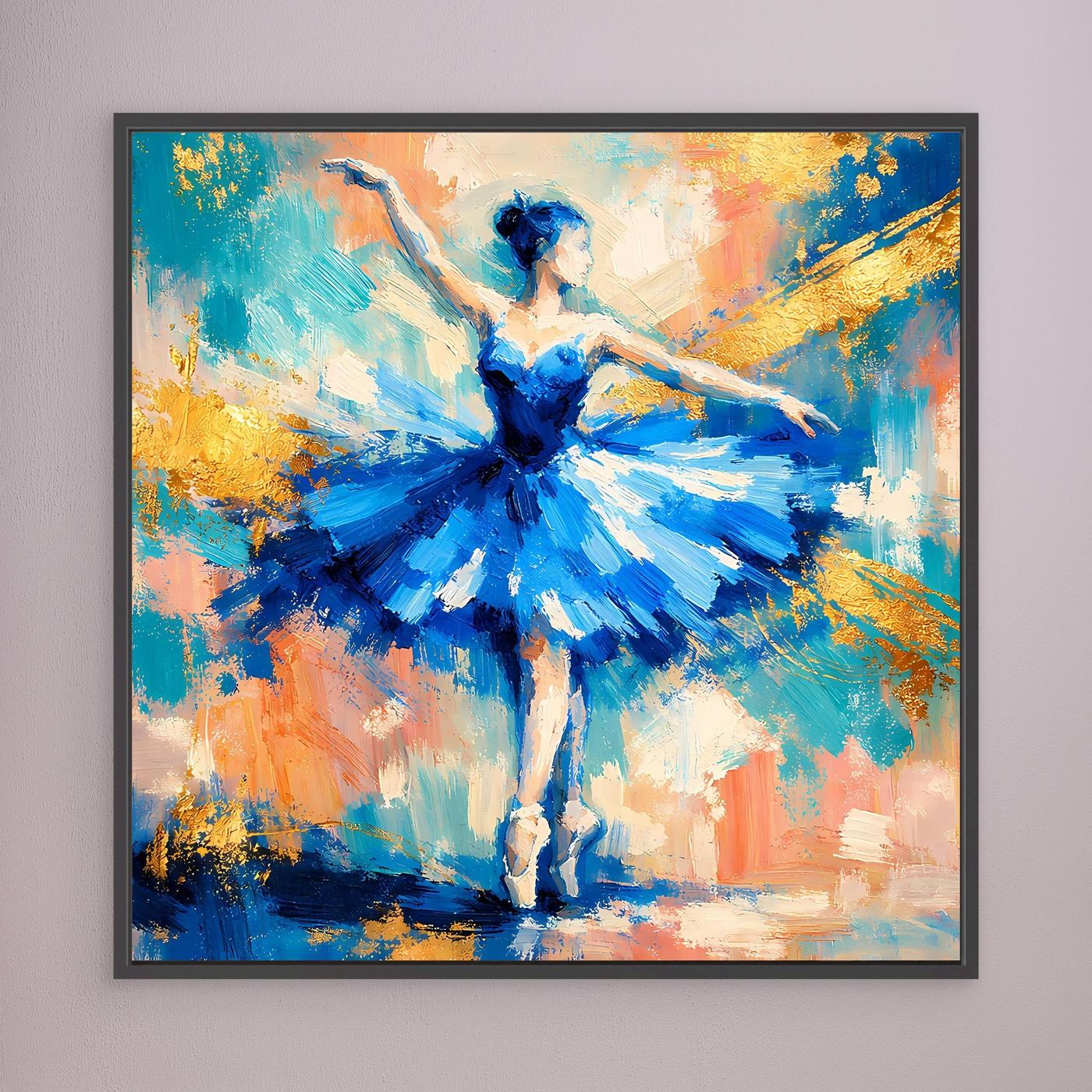 Leinwandbild mit abstrakter Ballerina in Blau, schwarz gerahmt, mittig