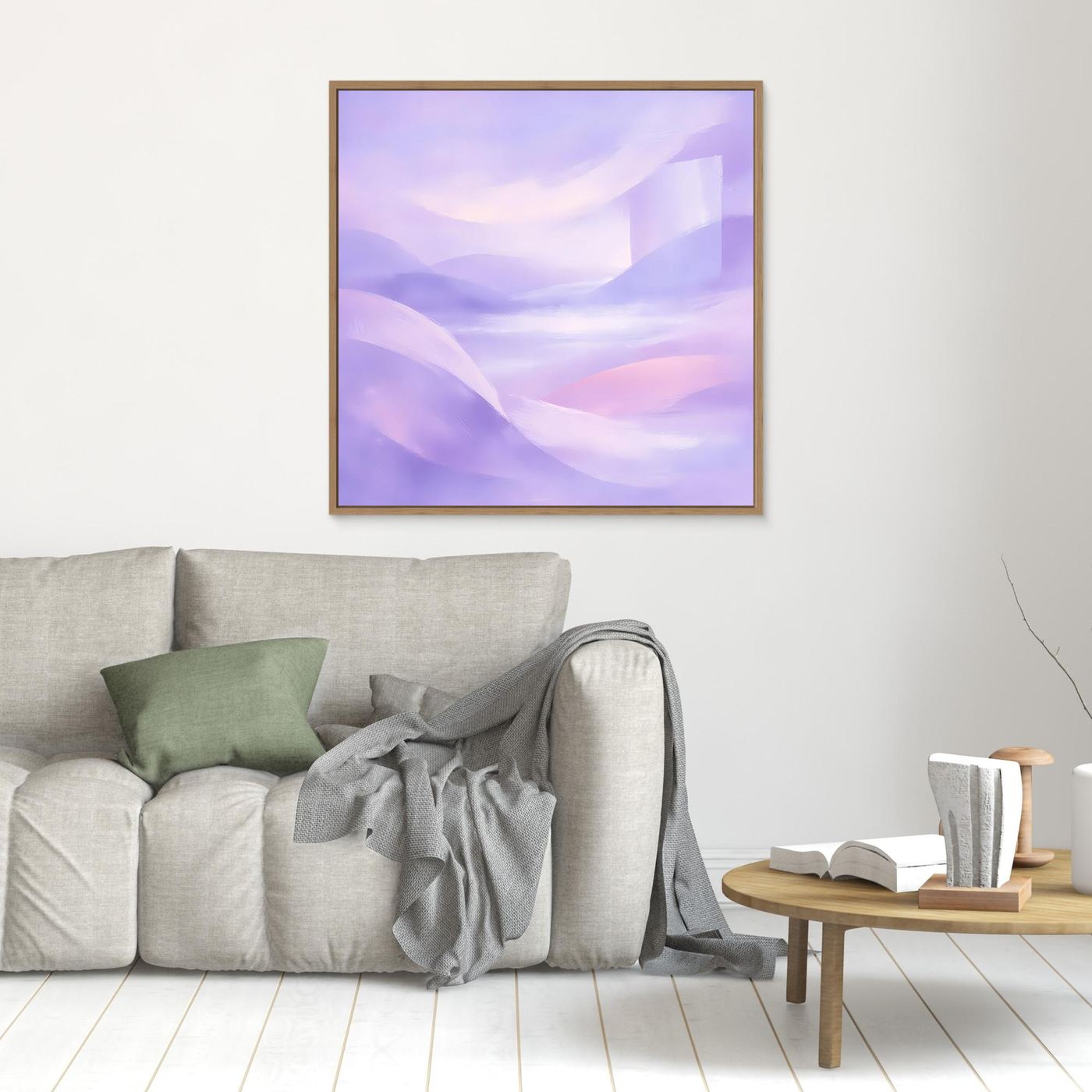 Abstraktes Pastell-Leinwandbild in Violett und Rosa, mit Eichenrahmen