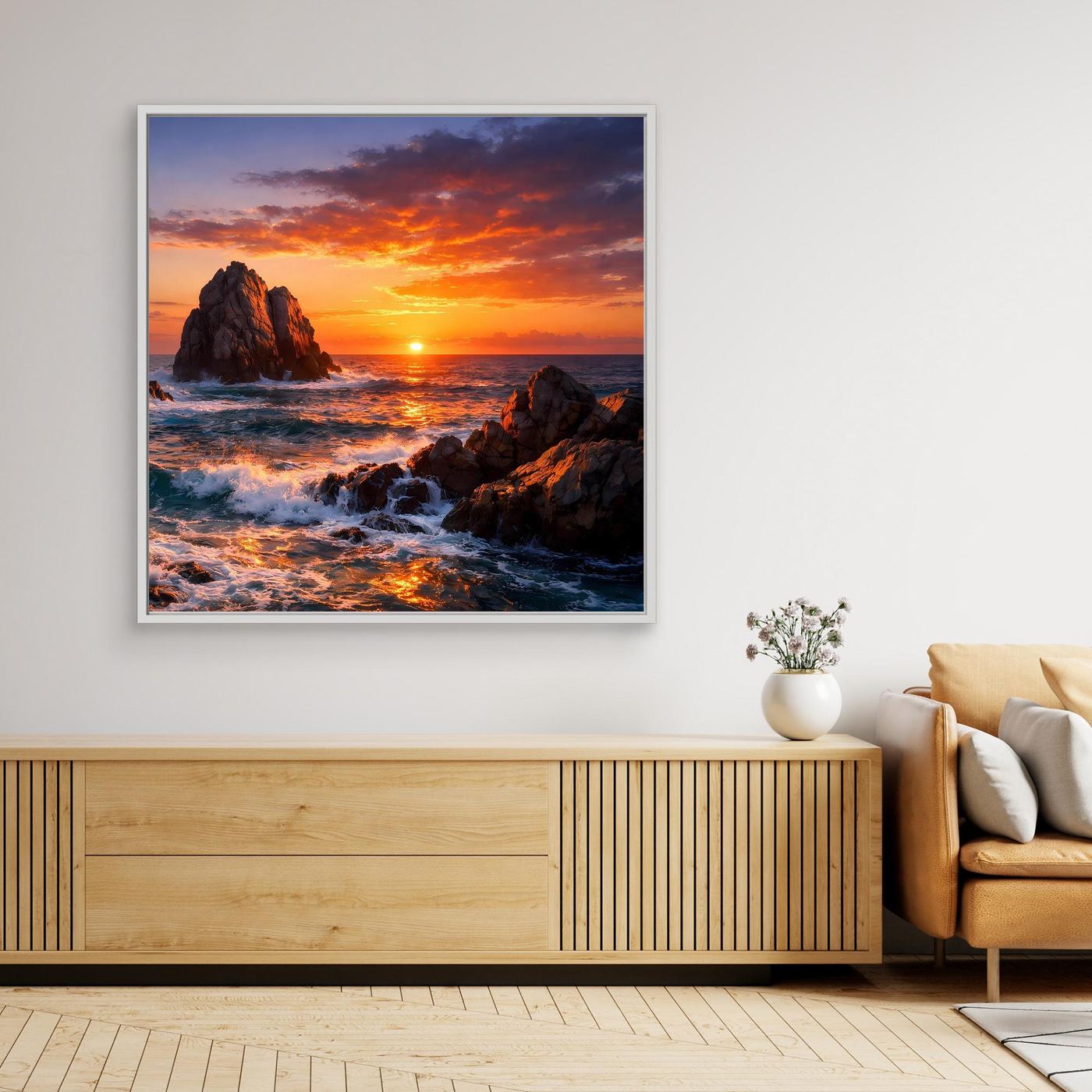 Gerahmtes Leinwandbild mit Sonnenuntergang am Meer und Felsenklippen, weißer Rahmen