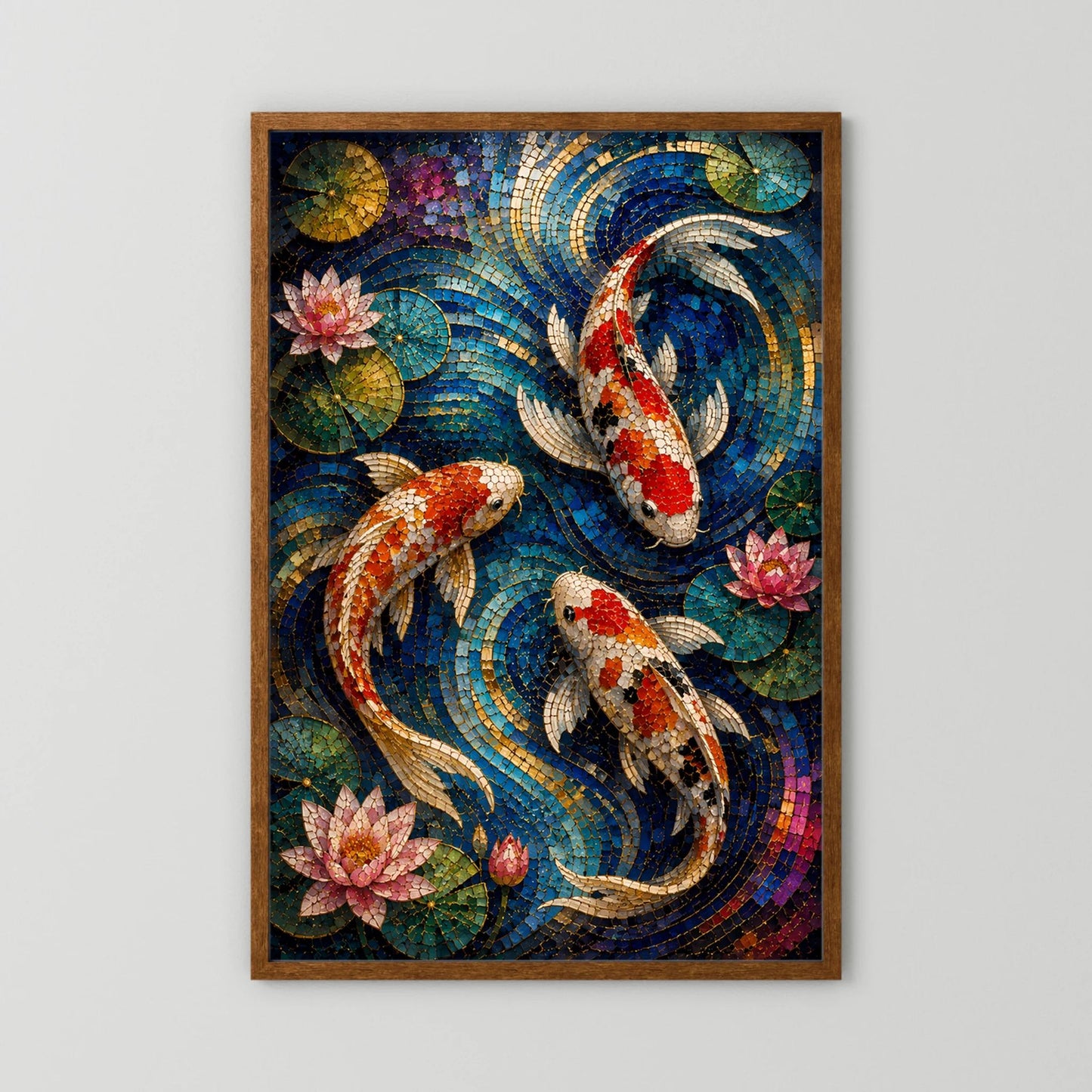 Koi Fische im Seerosenteich | Japanisches Mosaik in Blau & Gold | Poster Hochformat