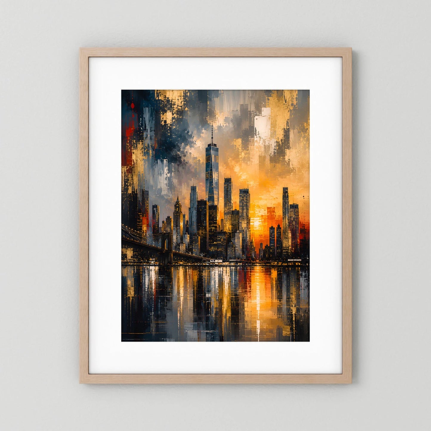 Poster im hellbraunen Holzrahmen mit weißem Rand, abstrakte Skyline in Gold und Schwarz
