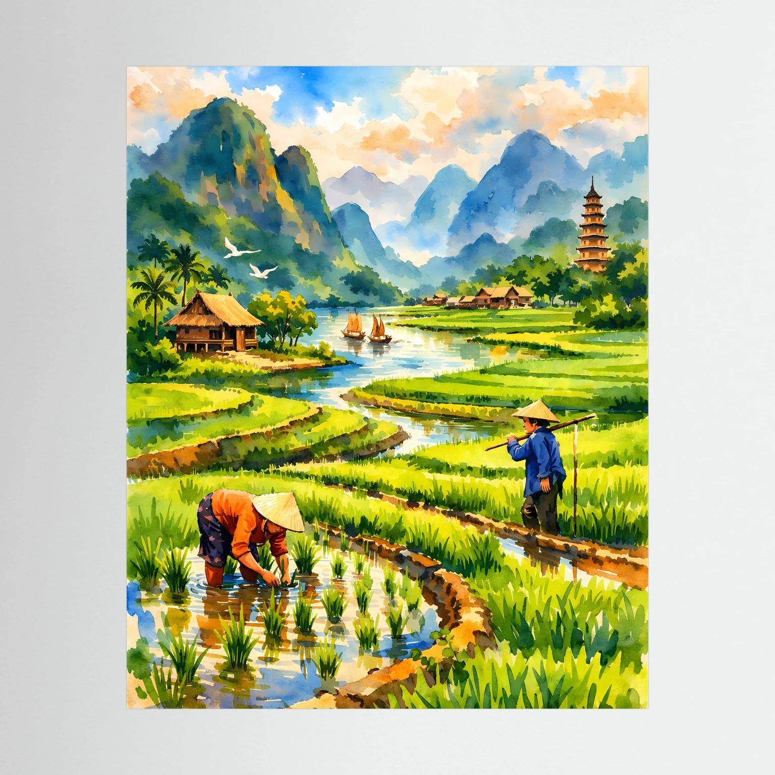Hochformat-Wandposter mit Reisfeldern, Fluss und Pagode in einer Berglandschaft