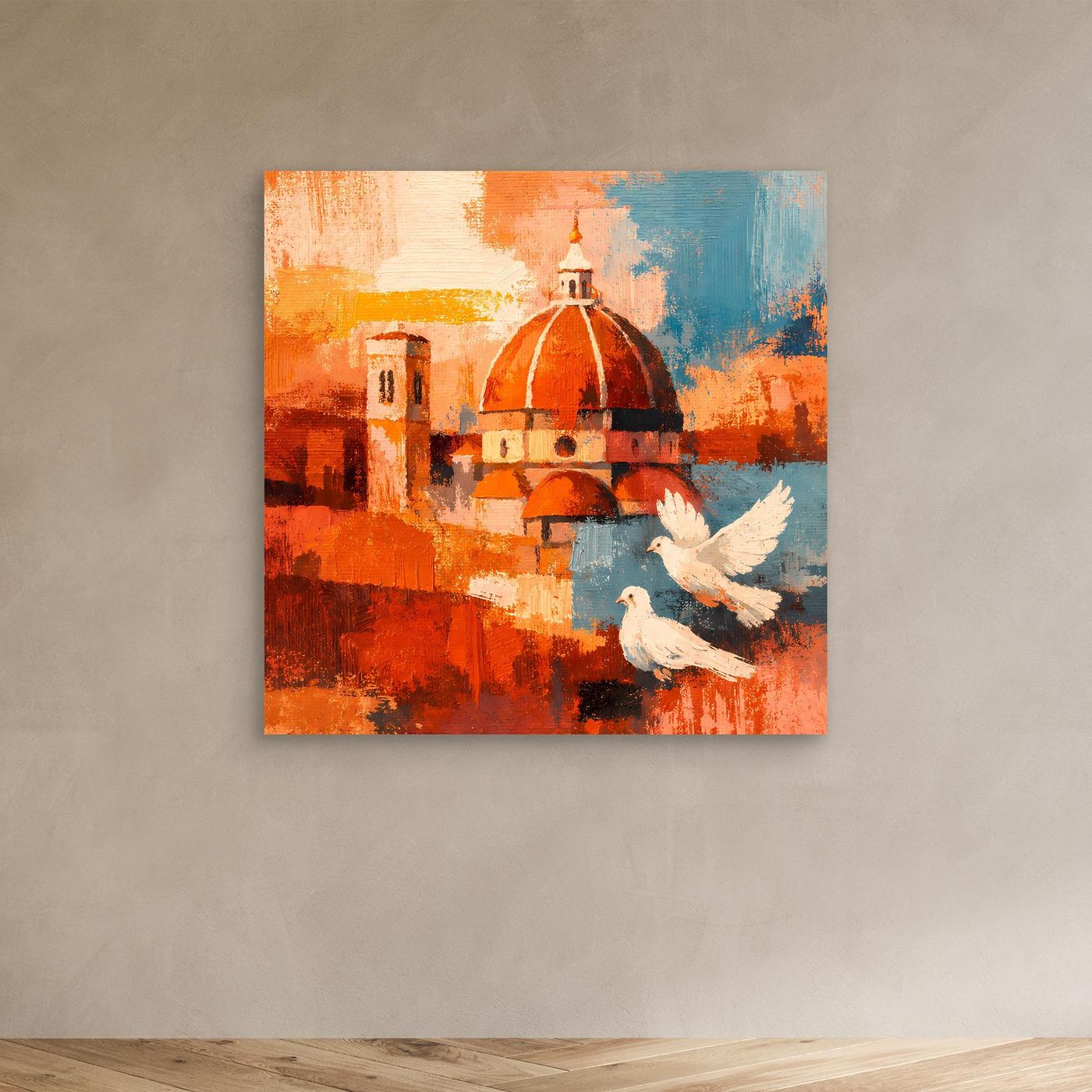 Abstraktes Wandbild: Florenz-Dom und Tauben in Orange-Blau, Leinwand ohne Rahmen