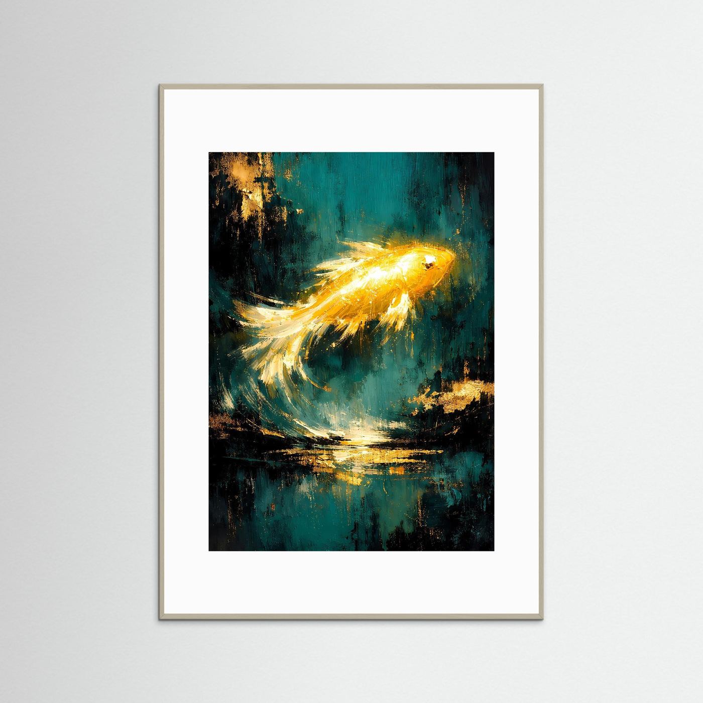 Goldfisch-Poster „Fluss des Glücks“: türkis-schwarz, goldgelber Koi im beigen Rahmen