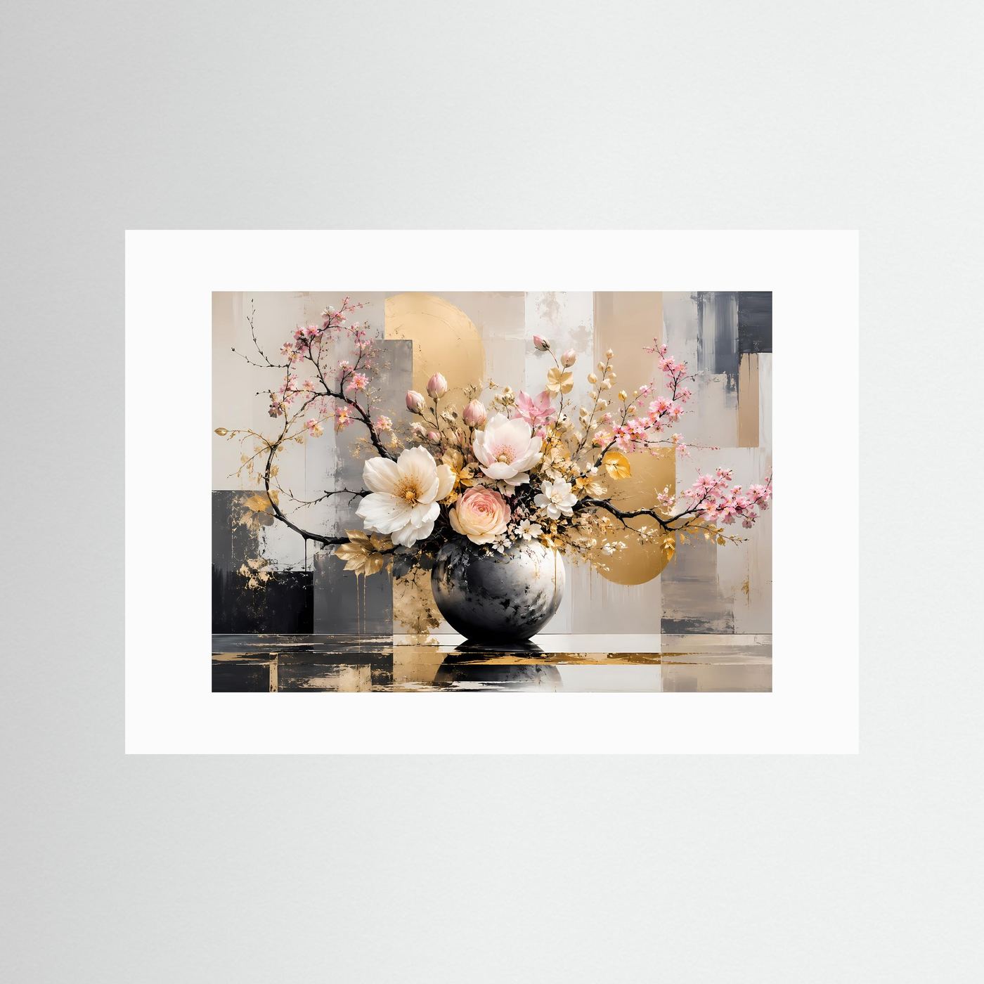 Elegantes Blumenarrangement in Gold & Weiß | Modernes Florales Wandbild Querformat