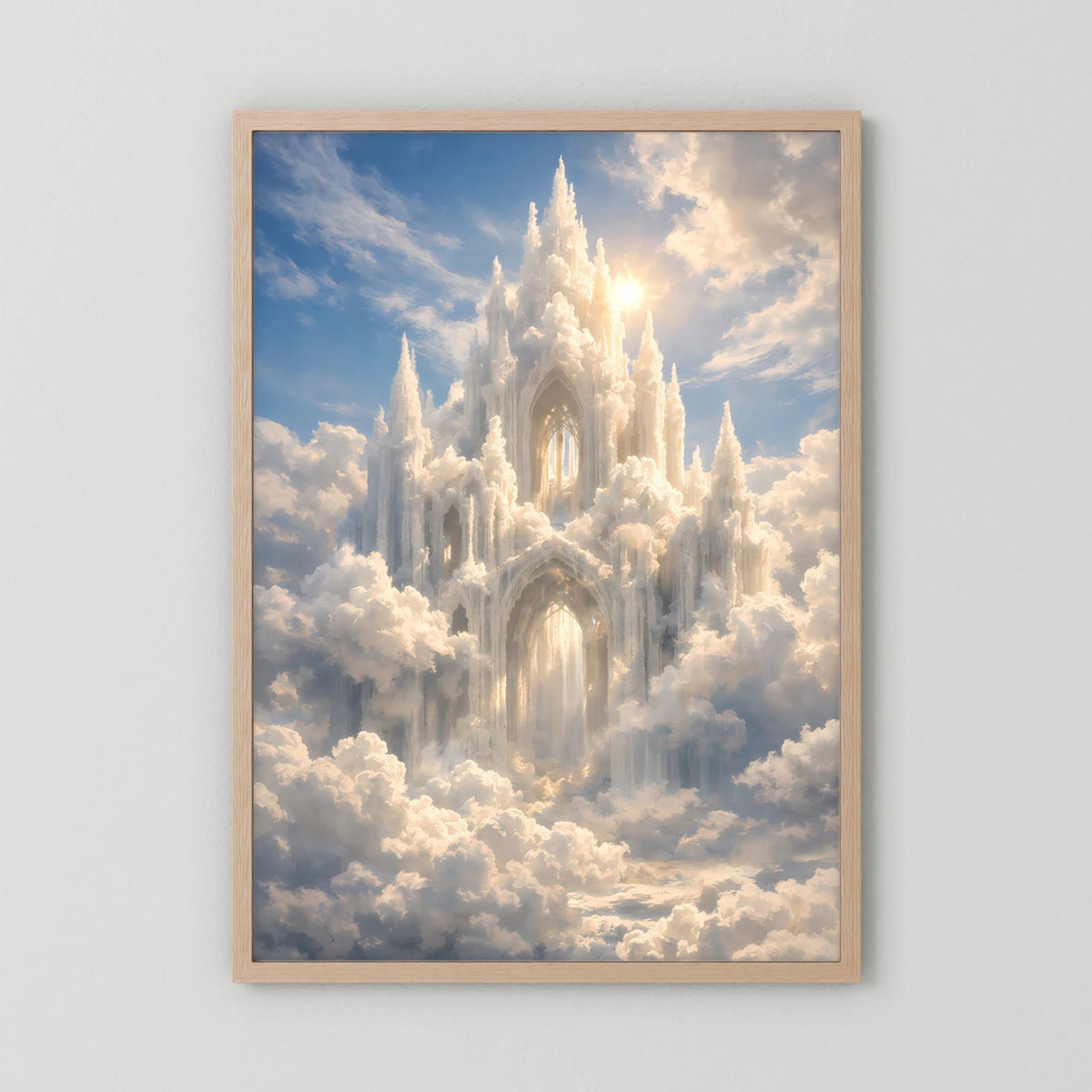 Hochformatposter mit Schloss in den Wolken, Sonnenstrahlen, Holzrahmen naturfarben