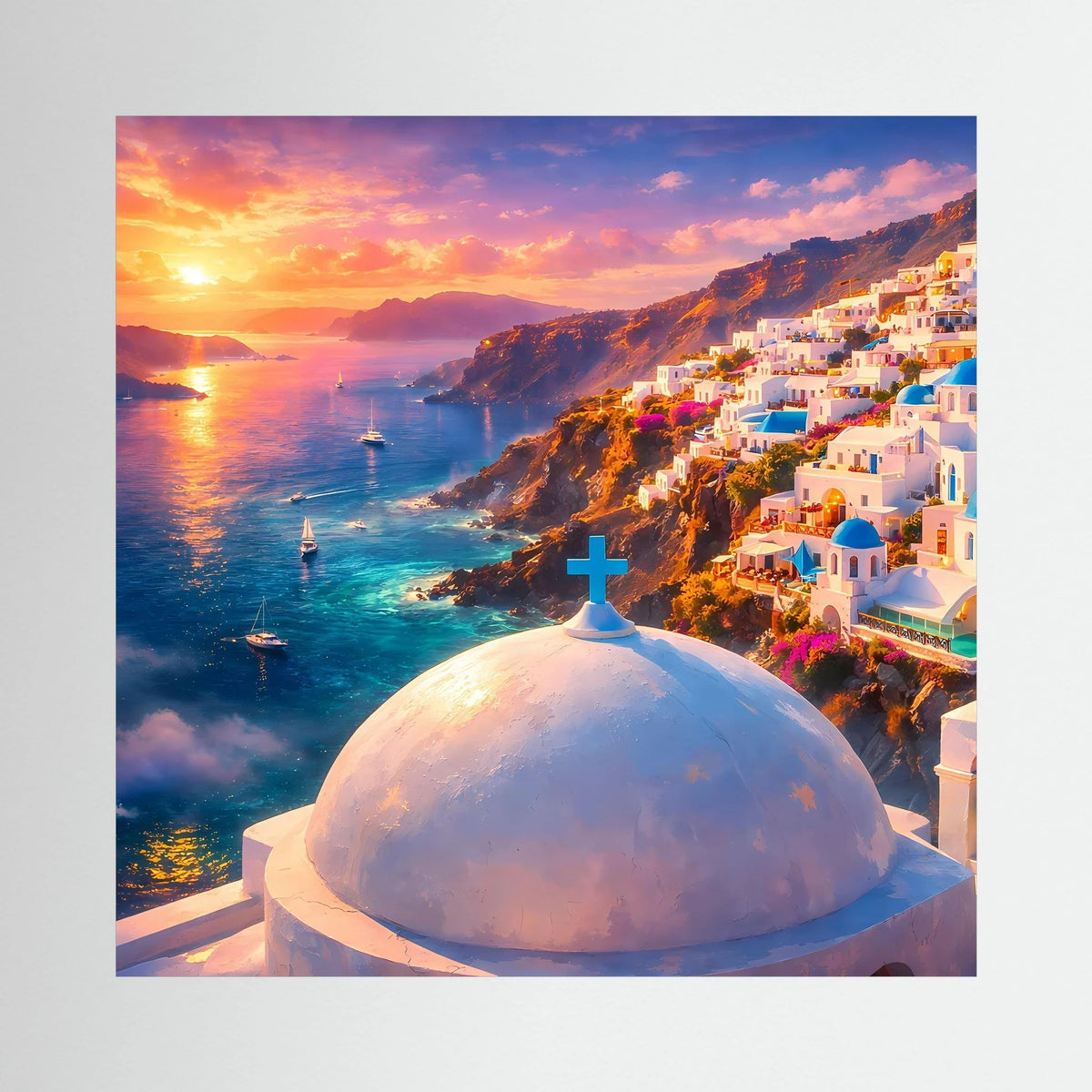 Leinwandbild mit Küstenlandschaft: weiße Kuppelkirche mit Kreuz bei Sonnenuntergang, ohne Rahmen