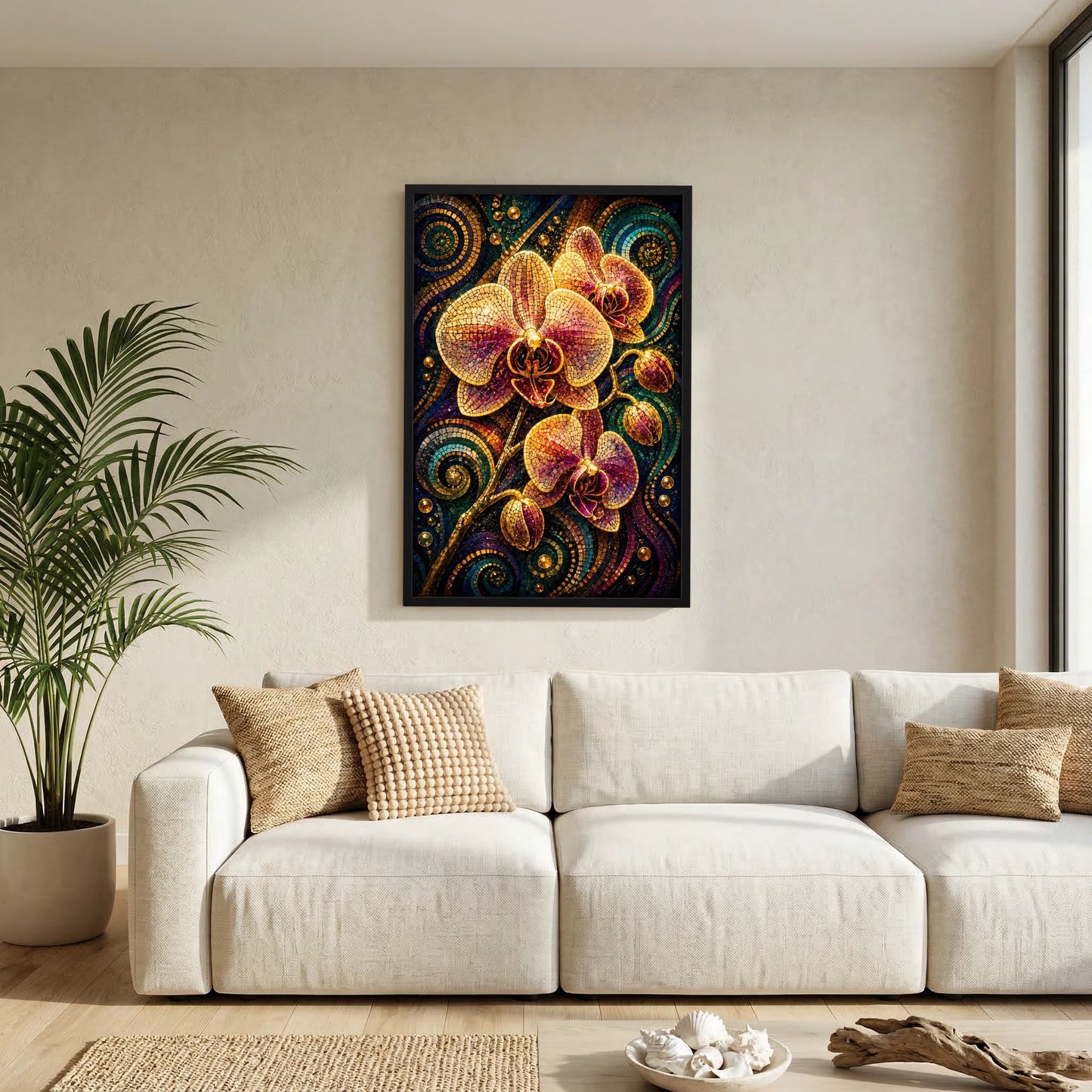 Poster mit Mosaik-Orchideen in Gold und Violett, schwarzer Rahmen