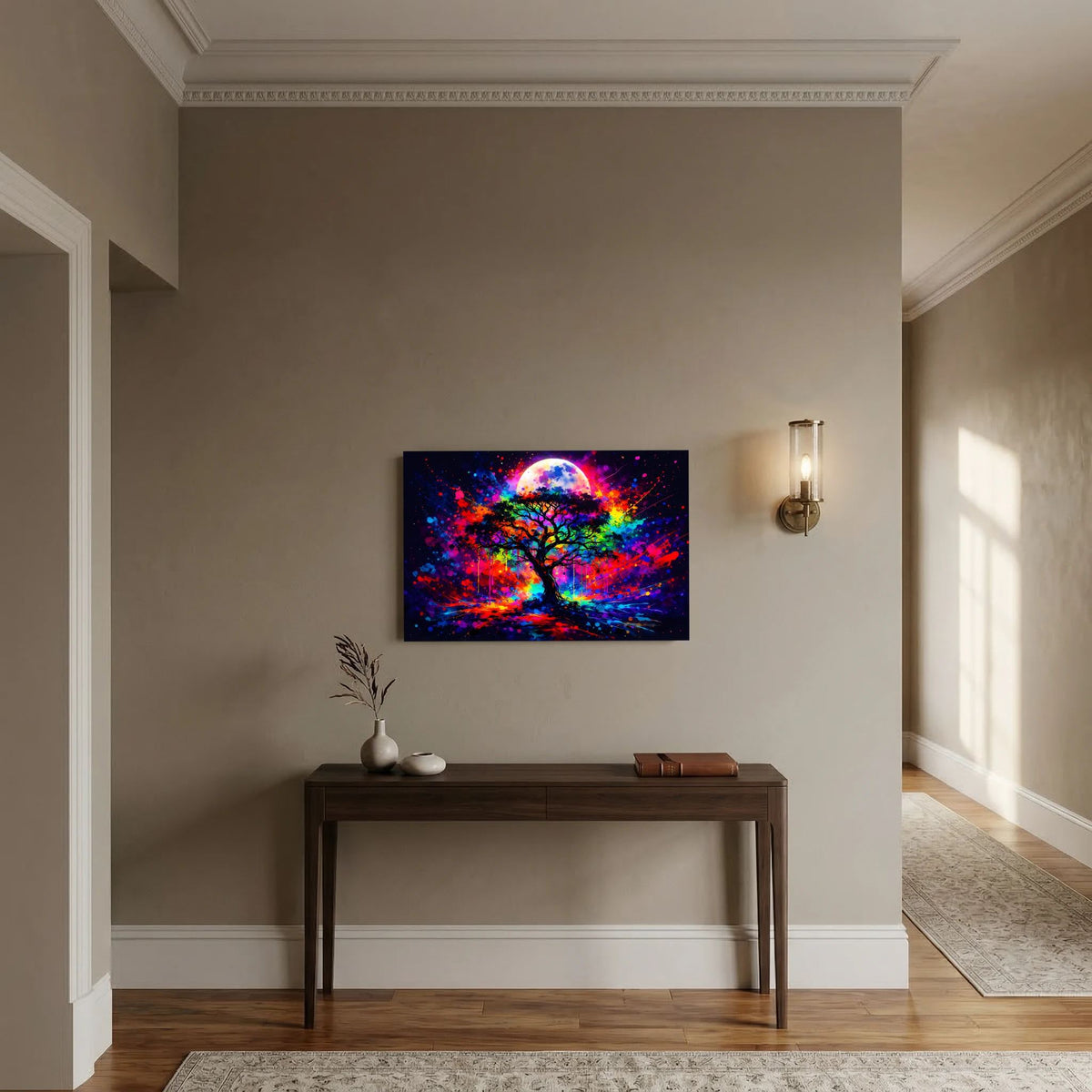 Querformatiges Poster mit buntem Lebensbaum und Vollmond im Neon-Look