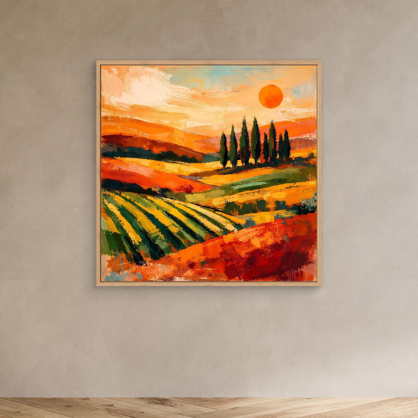 Leinwand-Wandbild mit Zypressen in bunten Hügeln, orangefarbener Himmel, Eichenrahmen