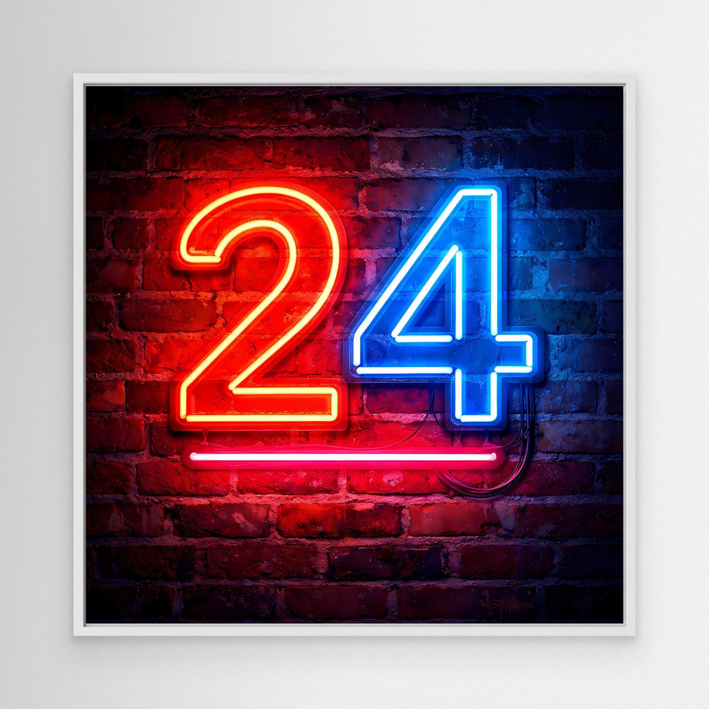 Neon-Wandbild Zahl 24, rot-blau auf Backstein, mit weißem Rahmen