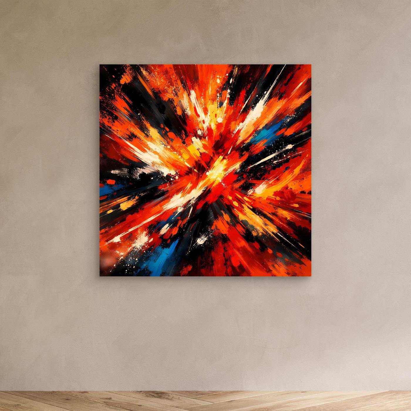 Abstraktes Leinwandbild mit Farbexplosion in Rot, Orange, Schwarz und Blau, ohne Rahmen