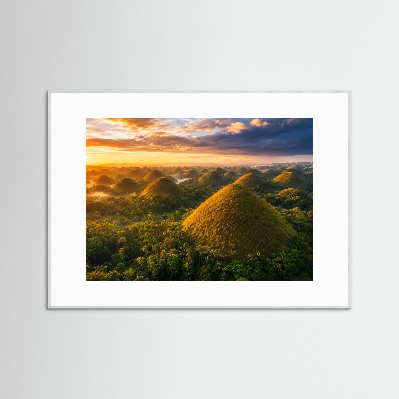 Mystische Chocolate Hills im Sonnenaufgang | Tropische Hügellandschaft Poster Querformat