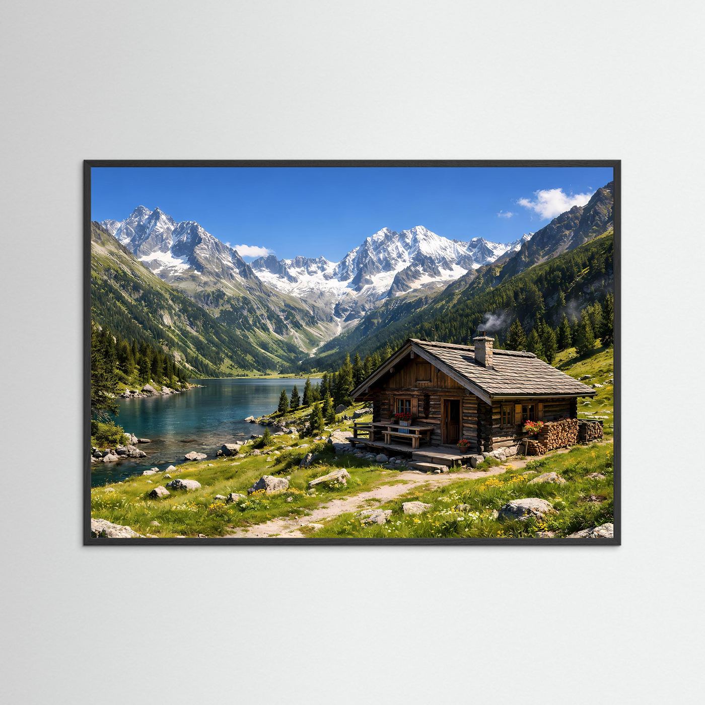 Alpenpanorama mit gemütlicher Hütte | Bergsee & Natur Poster Querformat