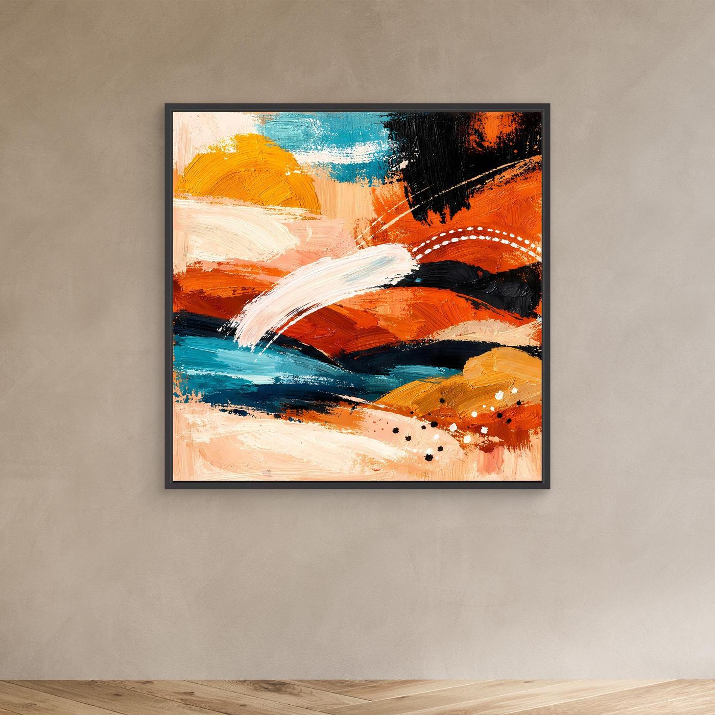Abstract canvas wall art with terracotta and turquoise brushstrokes in black frame