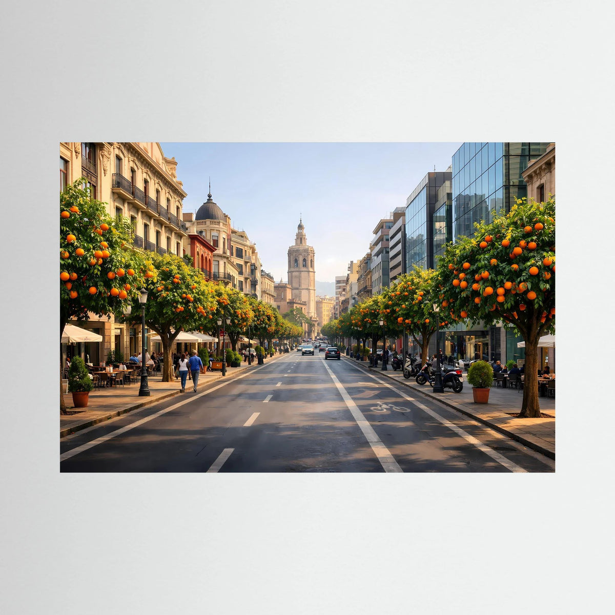 Wandbild Querformat: mediterrane Stadtstraße mit Orangenbäumen und historischer Architektur