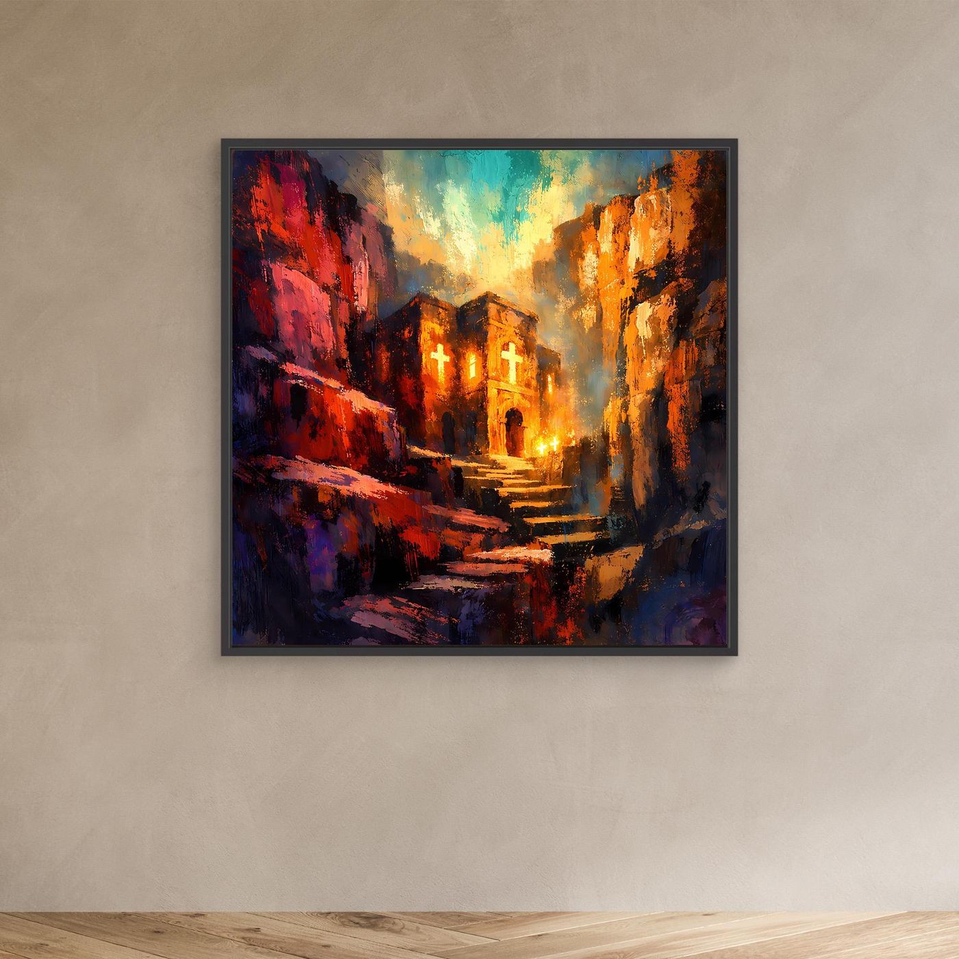 Abstraktes Leinwand-Wandbild mit Klosterweg, schwarzer Rahmen, leuchtende Gebäude