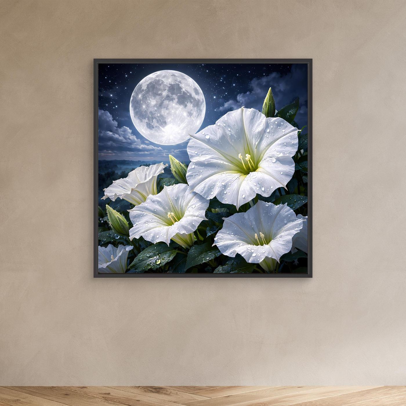 Wandbild auf Leinwand mit weißen Blüten und hellem Mond, schwarzer Rahmen