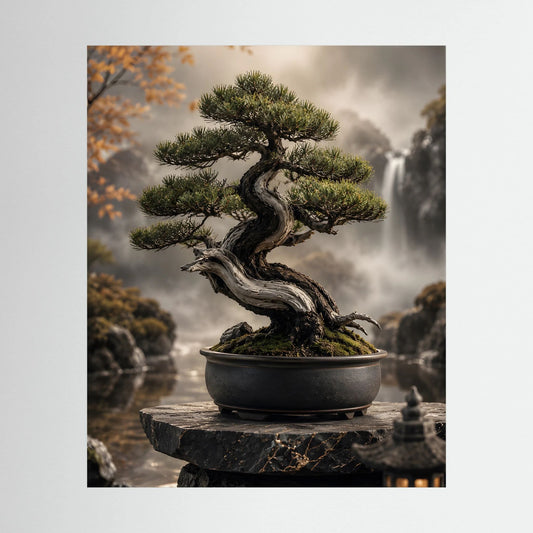 Bonsai-Baum-Zenposter im Hochformat: knorriger Baum in schwarzer Bonsaischale auf Felsen