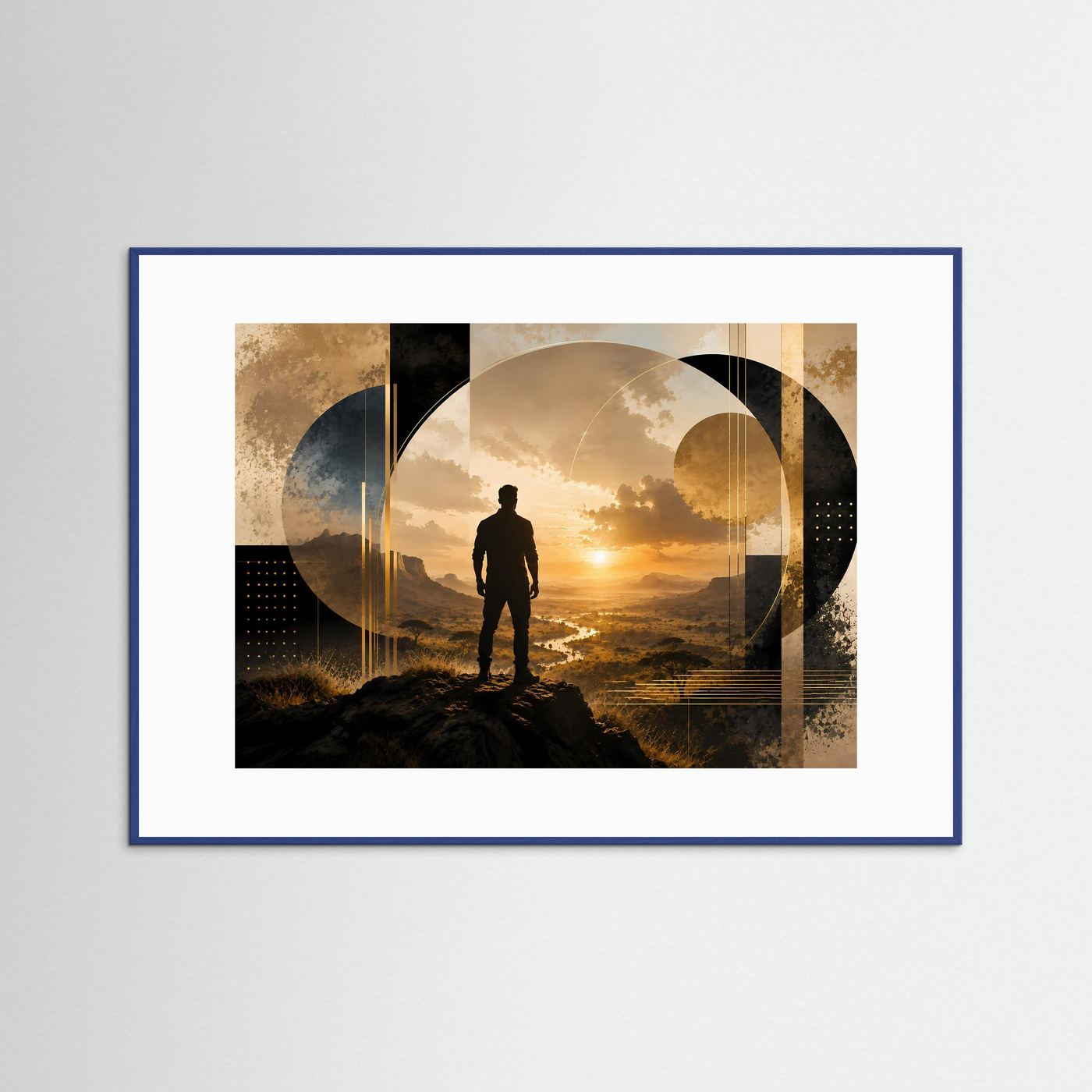 Gerahmtes Poster mit Silhouette eines Mannes vor Sonnenuntergangslandschaft und Kreisformen