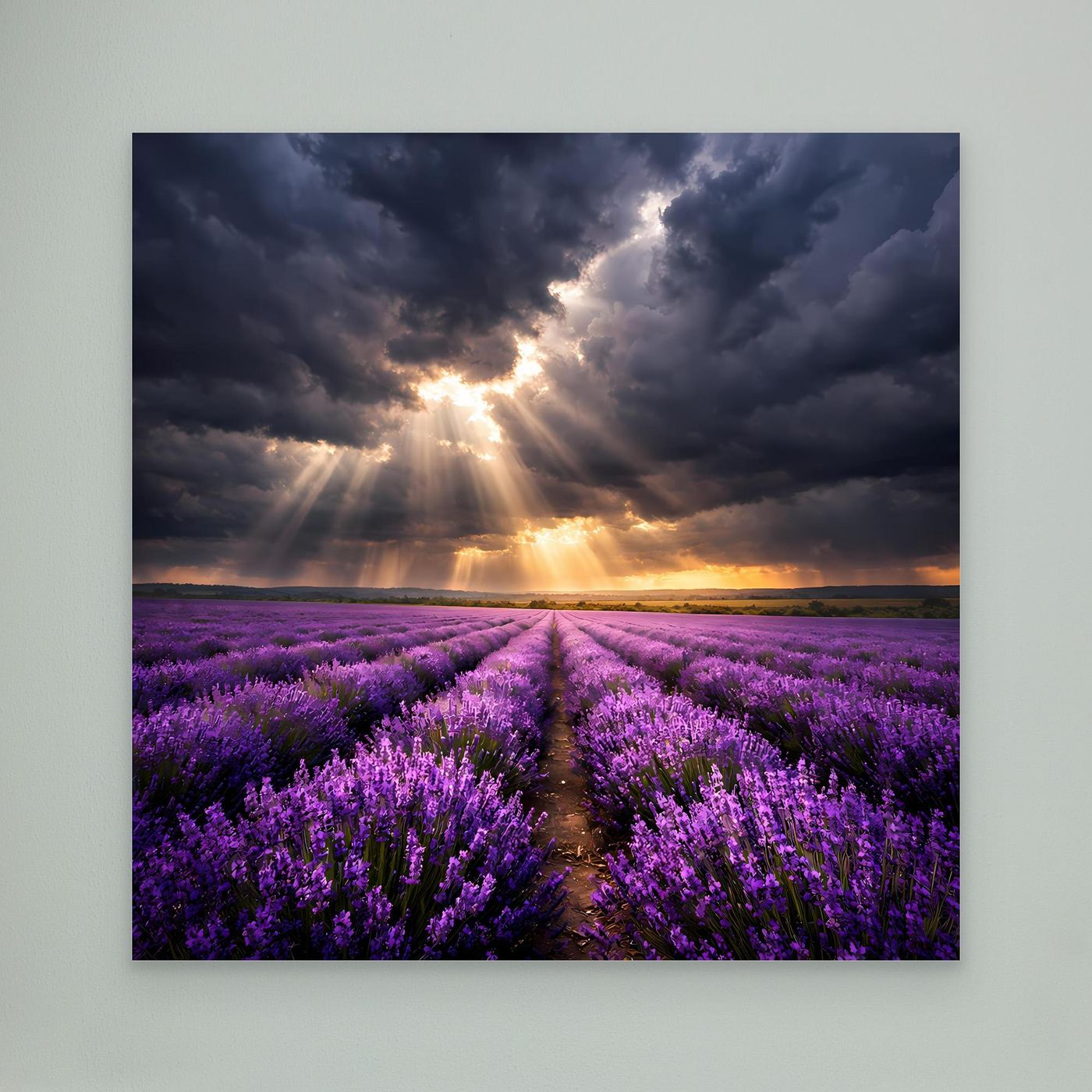 Leinwandbild Lavendelfeld mit Lichtstrahlen und Sonnenaufgang, ohne Rahmen