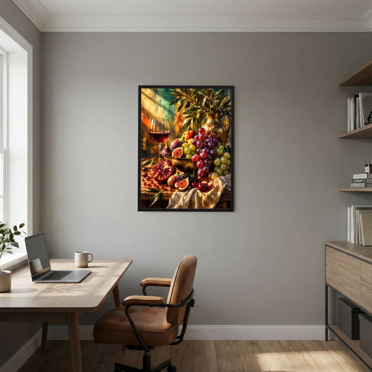 Hochformatiges Poster mit Stillleben aus Trauben, Feigen und Wein im schwarzen Rahmen
