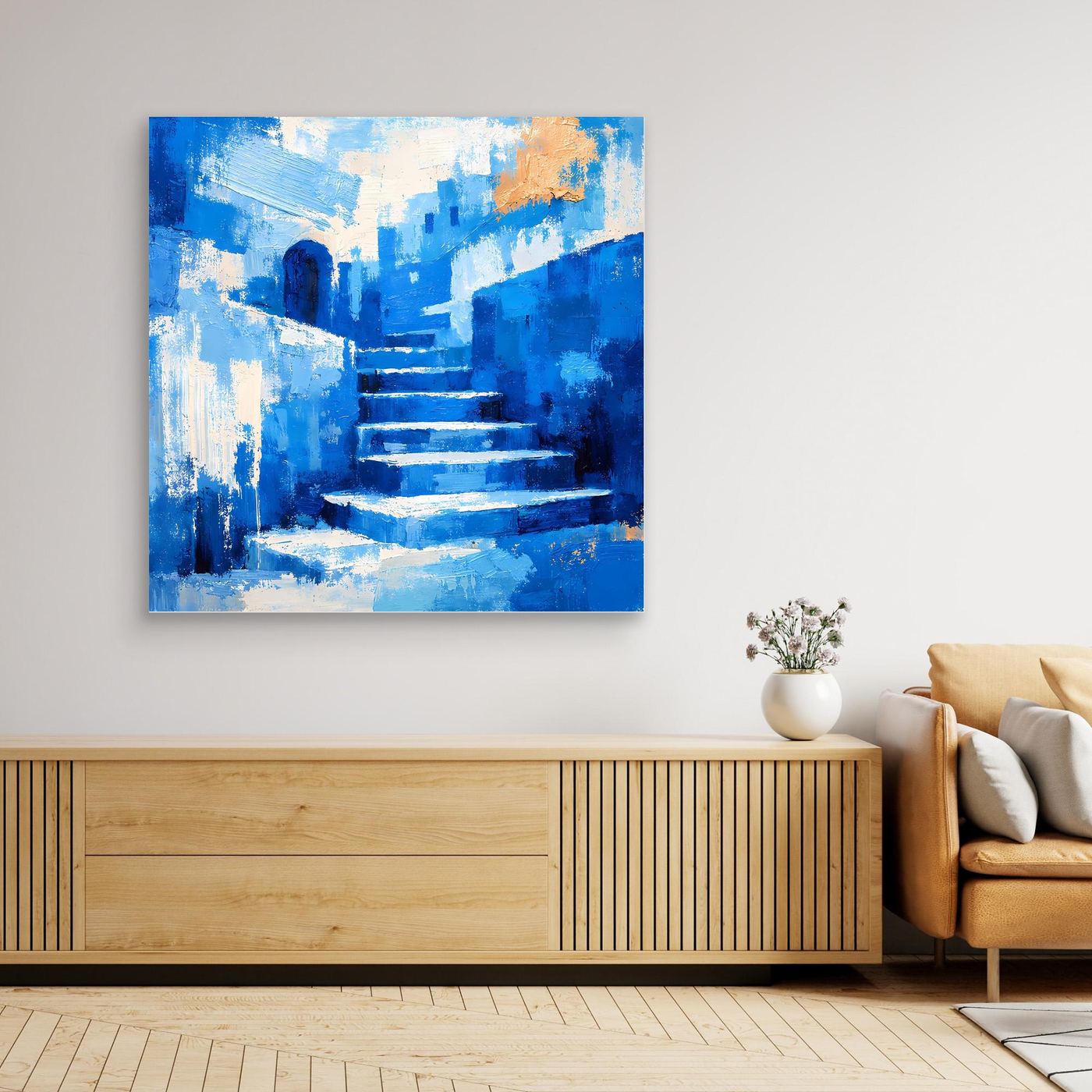 Abstraktes Leinwand-Wandbild mit blauem Treppenweg, brauner Rahmen