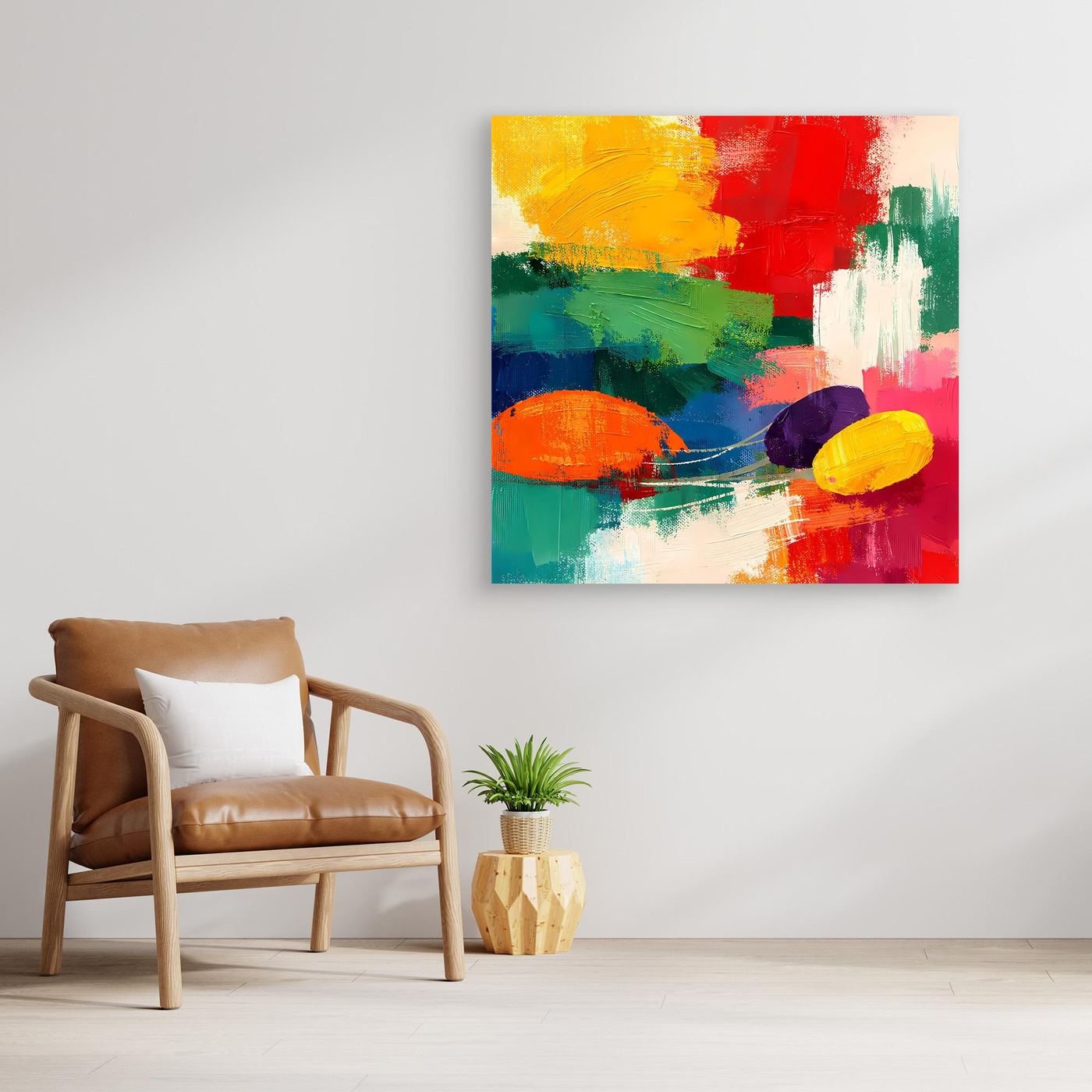 Leinwand-Wandbild mit abstrakten Farbklecksen und hellbraunem Rahmen, Rot, Grün, Gelb, Blau