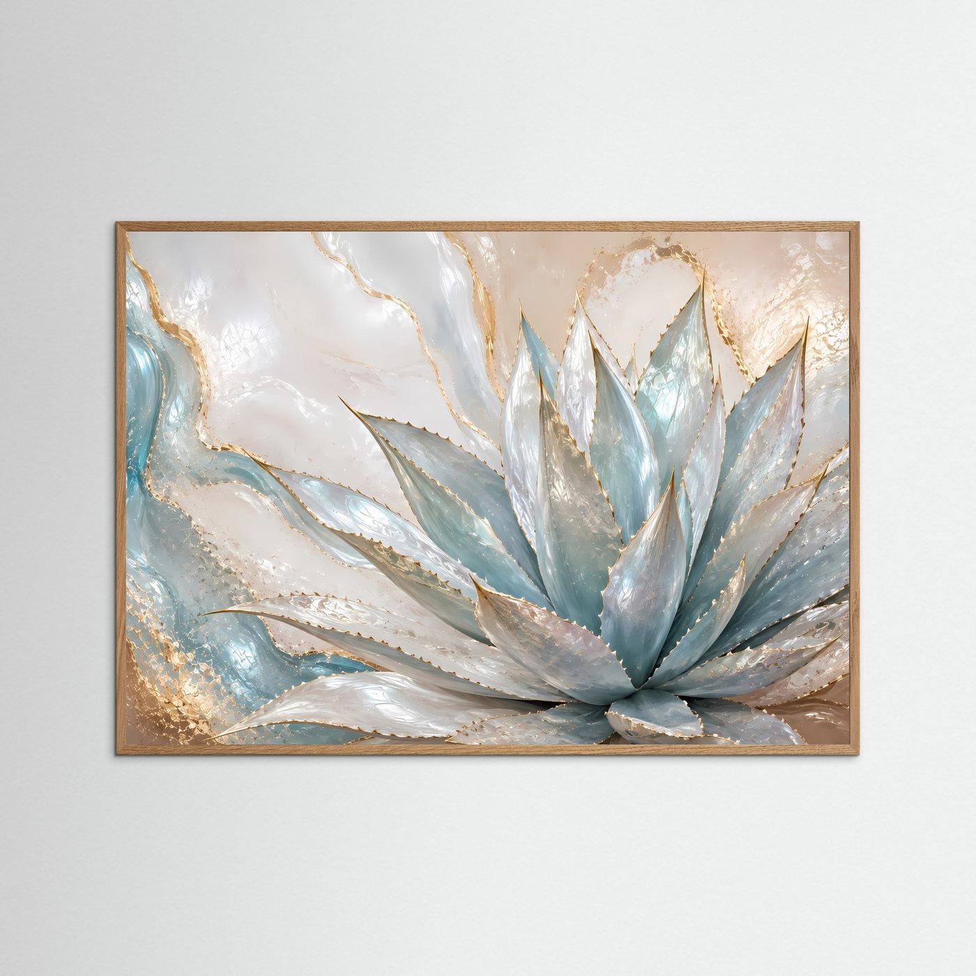 Poster mit abstrakter Agave in Blau, Creme und Perlmutt-Gold im Natur-Eichenrahmen, Querformat