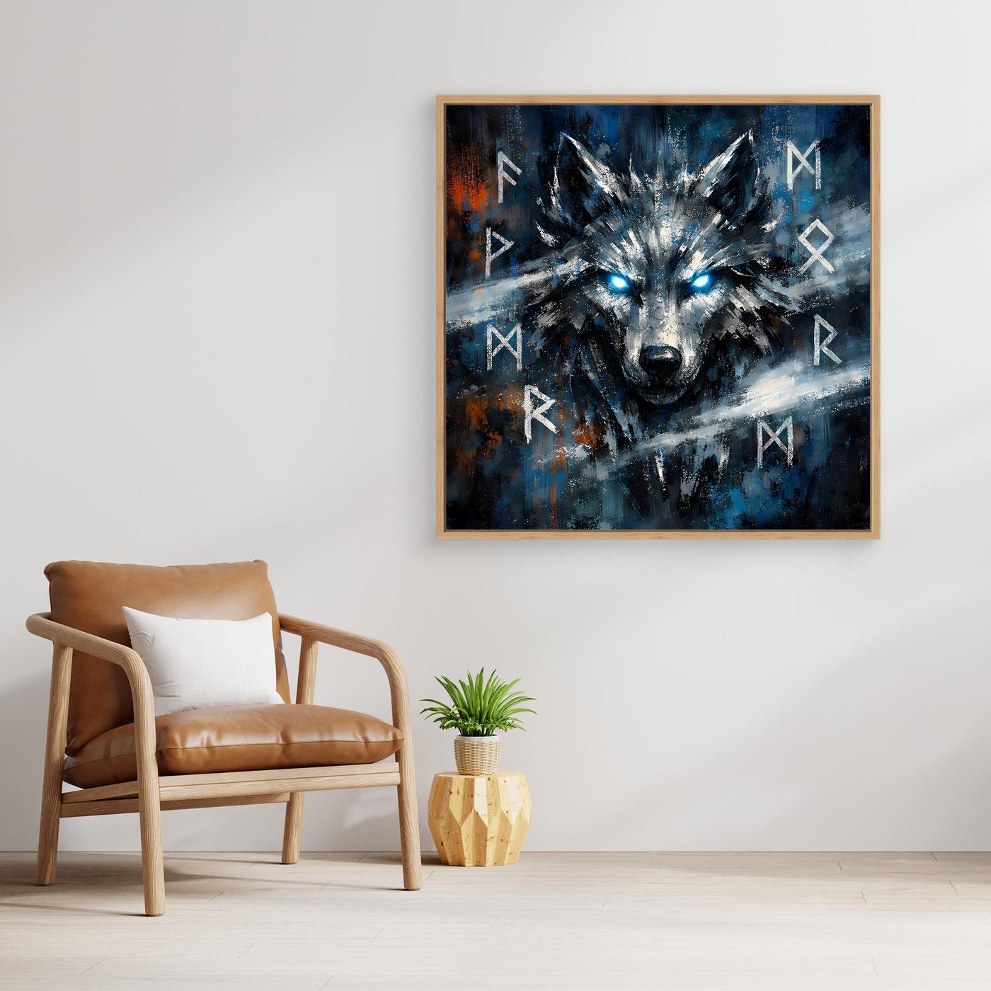 Wandbild mit nordischem Wolf in Blau-Schwarz, leuchtende Augen und Runen, braun eingefasst