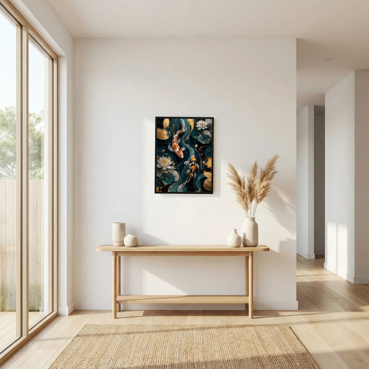 Gerahmtes Poster an der Wand mit Koi-Fischen und Lotusblüten in Petrol & Gold, zentral