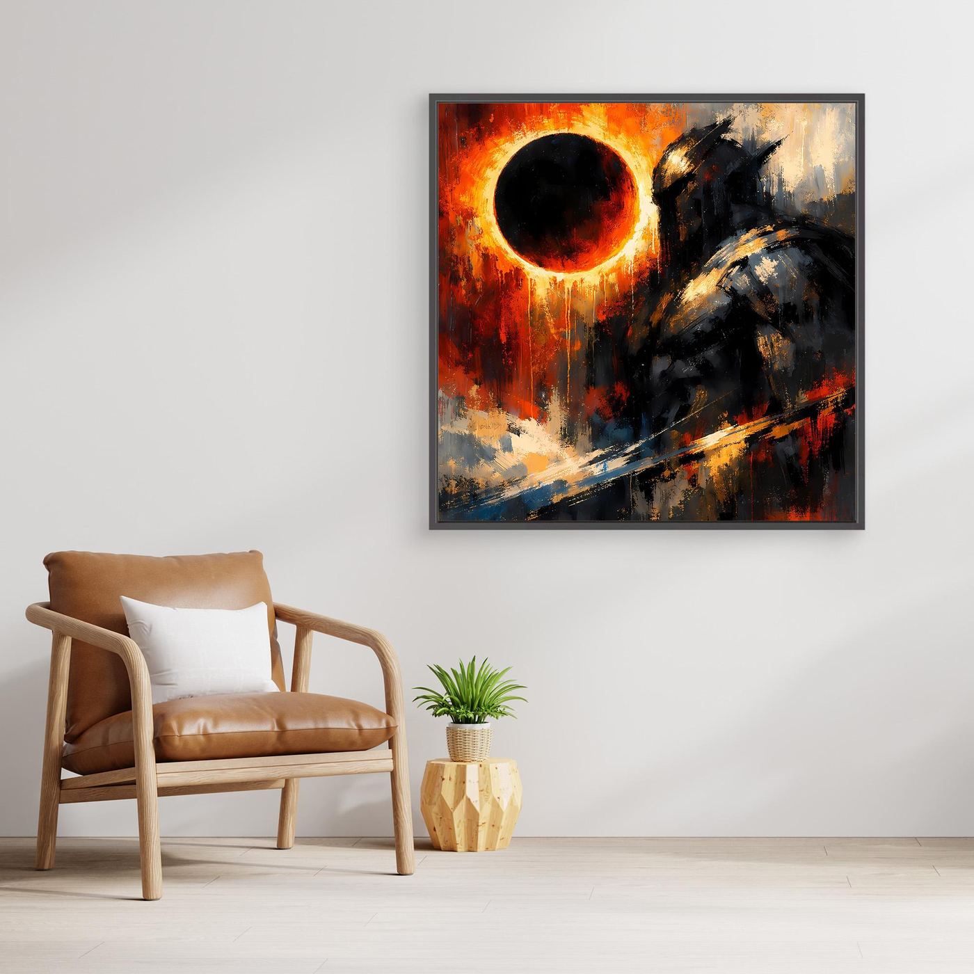 Abstraktes Fantasy-Wandbild: kosmischer Ritter mit Sonnenfinsternis, im schwarzen Rahmen