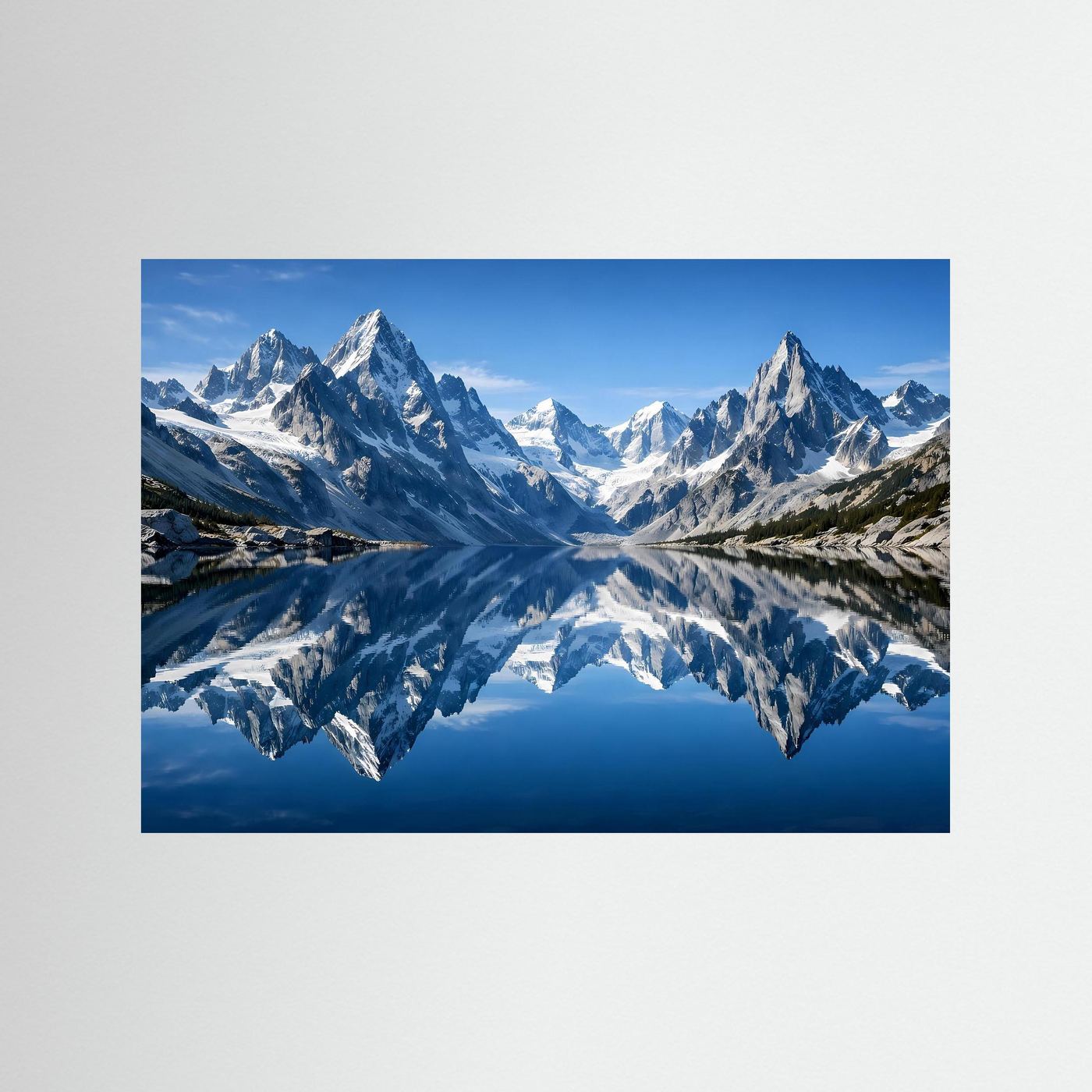 Alpen-Wandposter mit spiegelndem See und Bergpanorama, blauer Rahmen