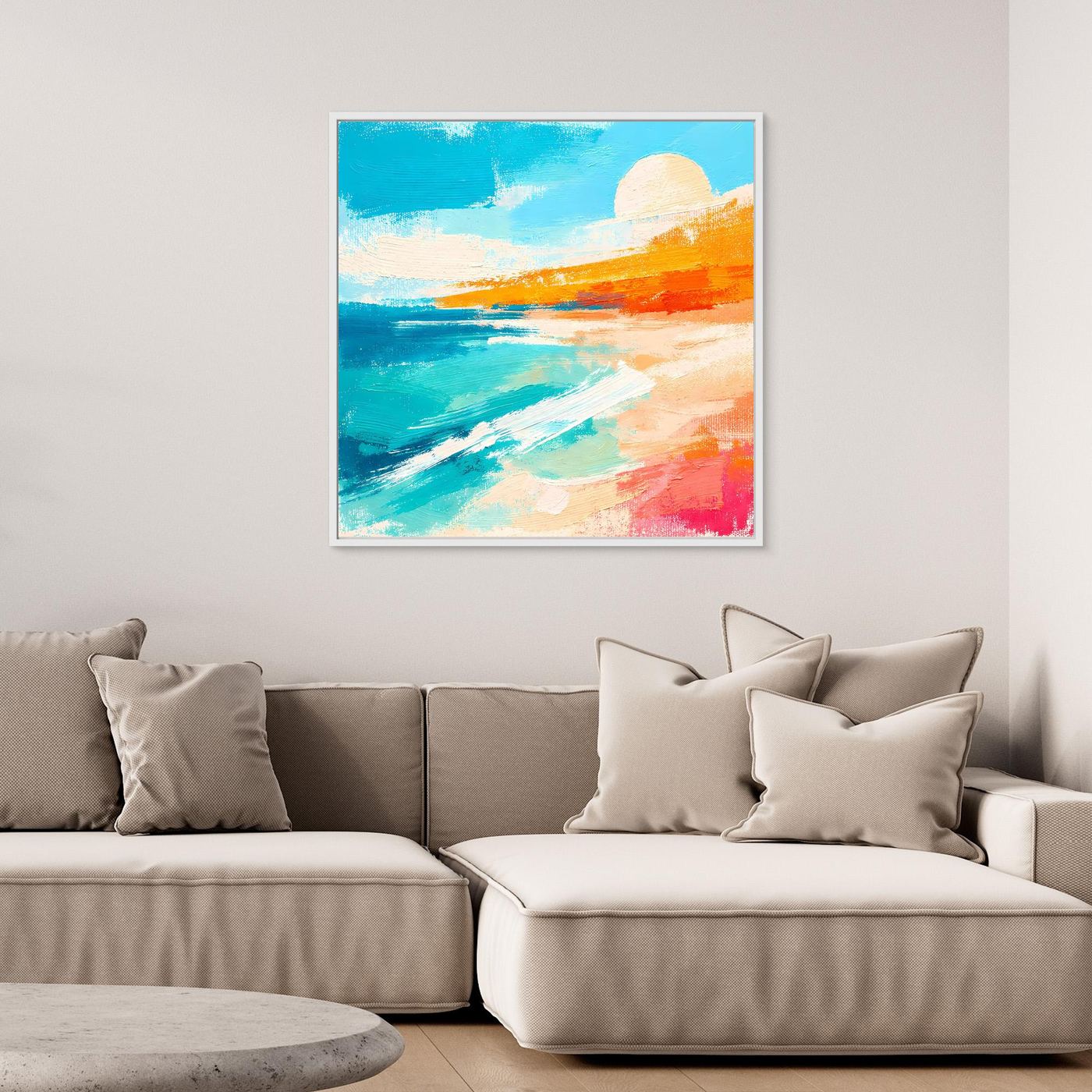Abstract beach wall art with a white frame, teal water, orange shoreline, and sky.