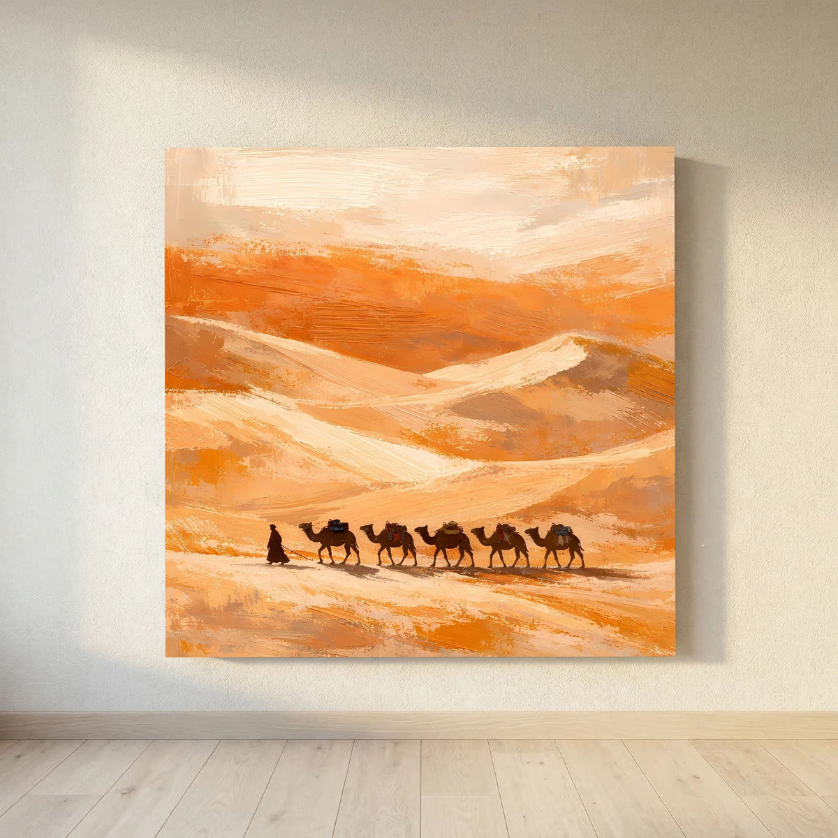 Leinwandbild mit Kamelkarawane auf Sandpfaden, Orange und hellen Beige-Tönen, Holzrahmen