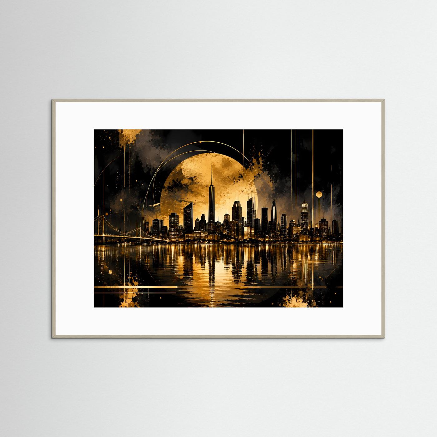 Querformat-Poster in hellgrauem Rahmen mit goldener Stadt-Skyline und Spiegelung