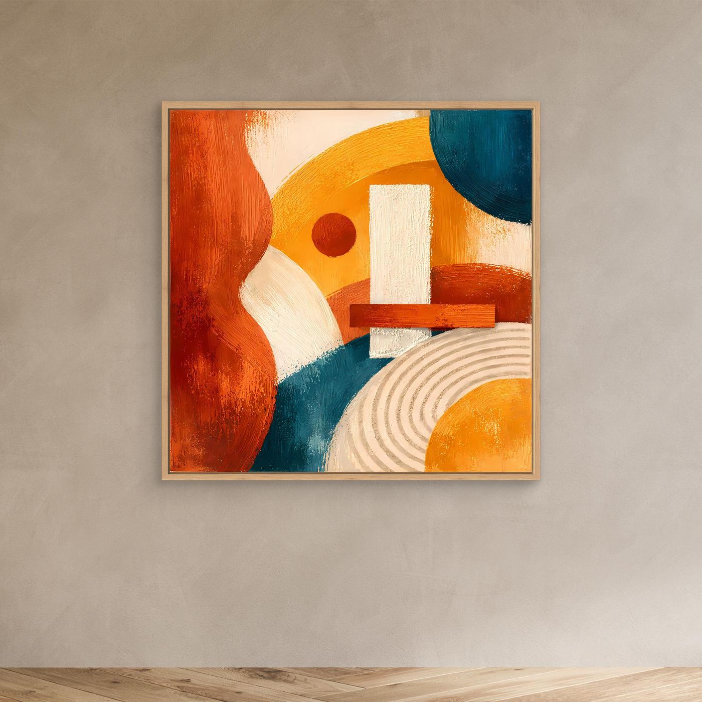 Geometrisches Abstrakt-Leinwandbild mit hellem Rahmen, Terrakotta, Blau und Gelb