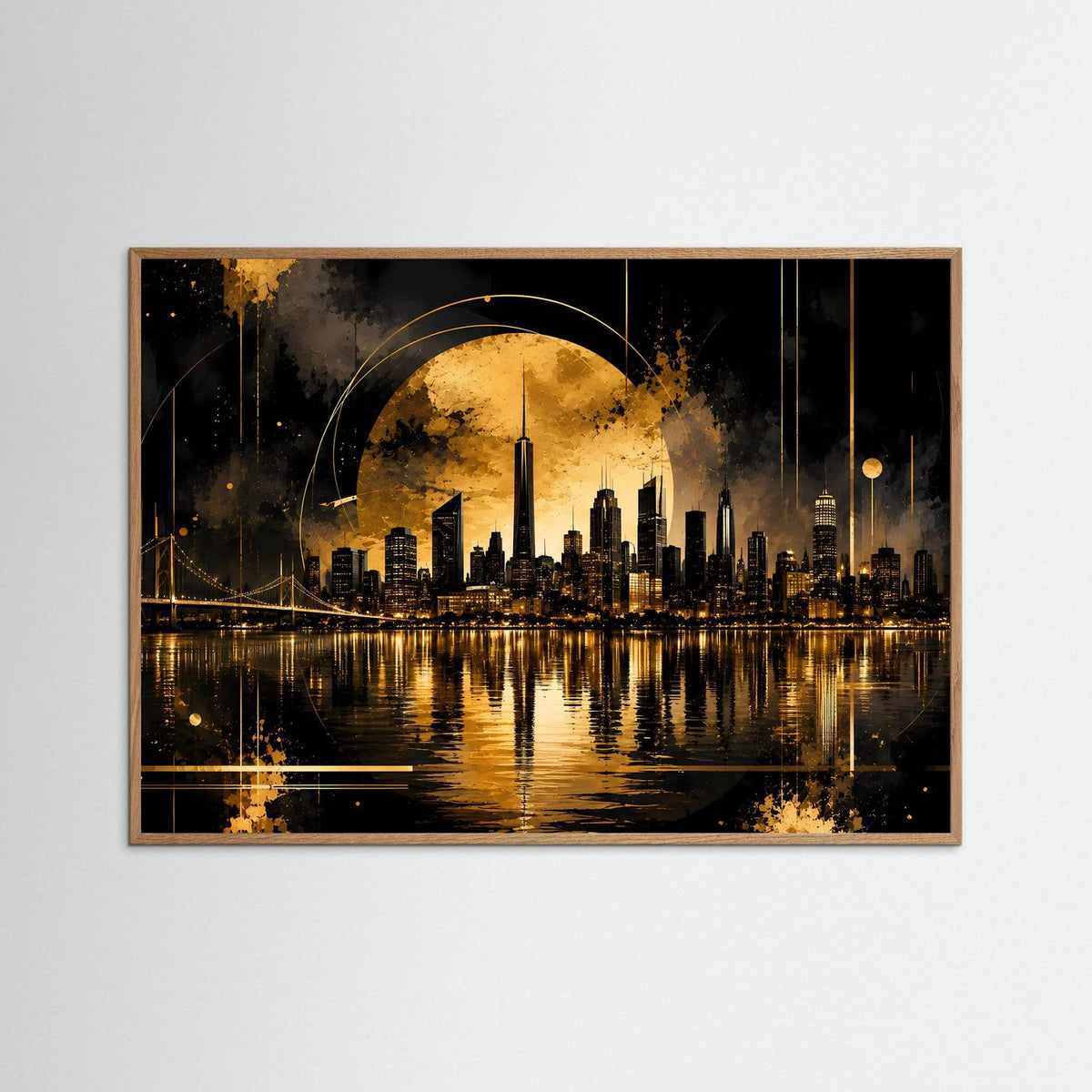 Poster Querformat mit goldener Skyline bei Nacht in hellem Eichenrahmen und Spiegelung