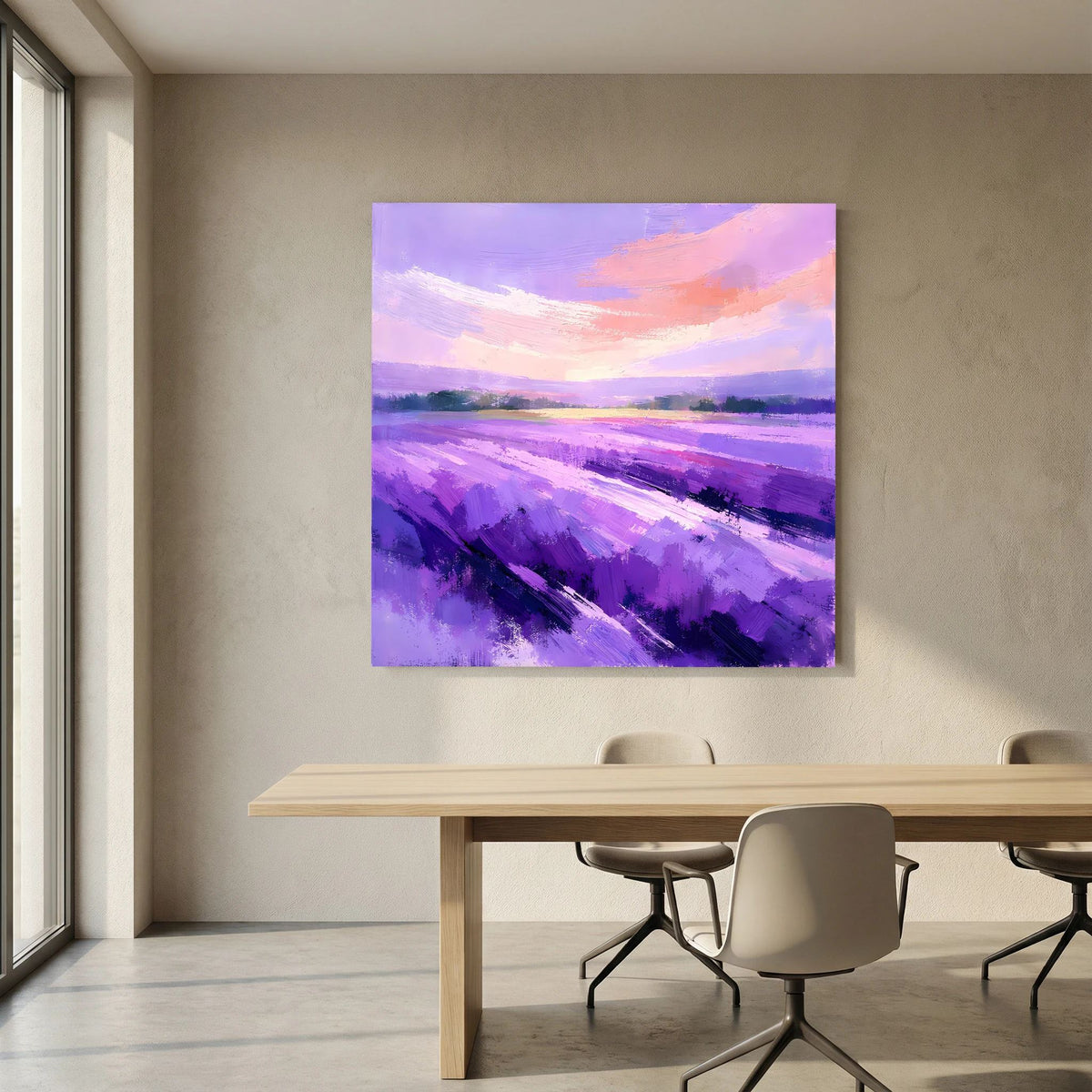 Lila abstraktes Leinwandbild: violette Lavendelstreifen, rosa-orange Wolken über dem Horizont