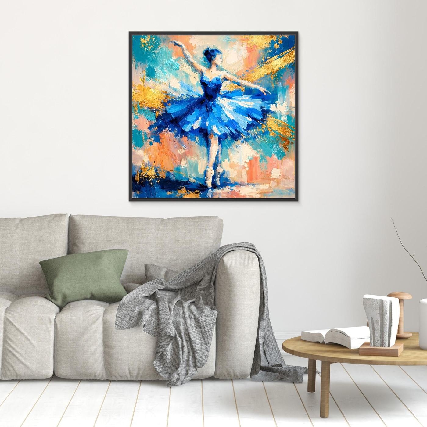 Leinwandbild mit Ballerina in Blau, schwarz gerahmt, quadratisch