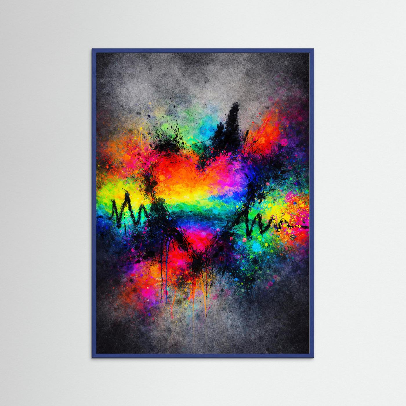 Abstraktes Poster mit Regenbogen-Herz und EKG-Linie im blauen Rahmen