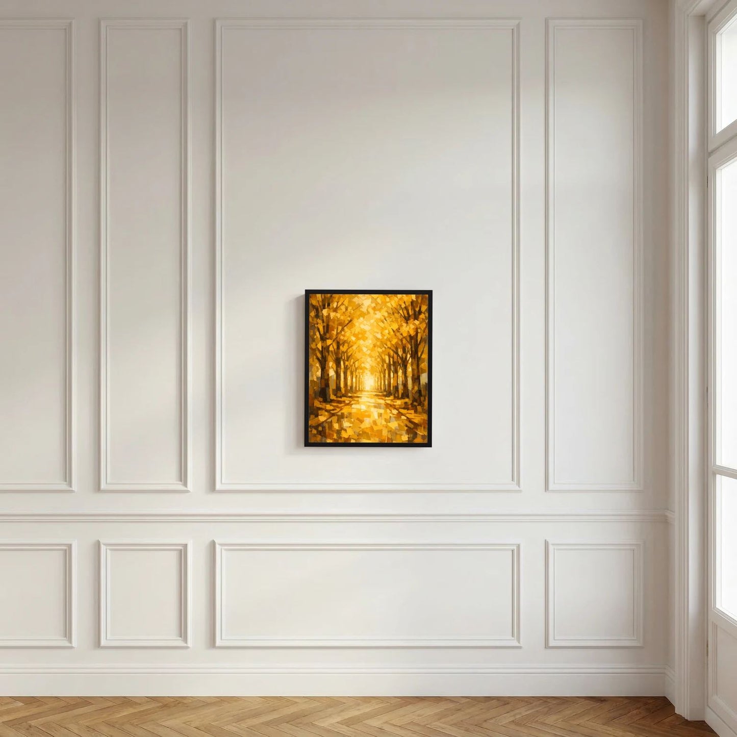 Hochformatiges Wandbild im schwarzen Rahmen mit goldener Baumallee und warmem Licht im Hintergrund