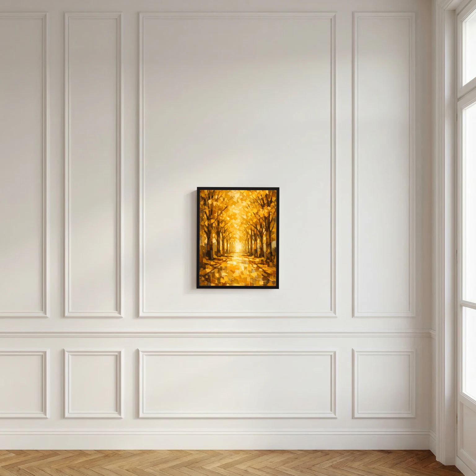 Hochformatiges Wandbild im schwarzen Rahmen mit goldener Baumallee und warmem Licht im Hintergrund