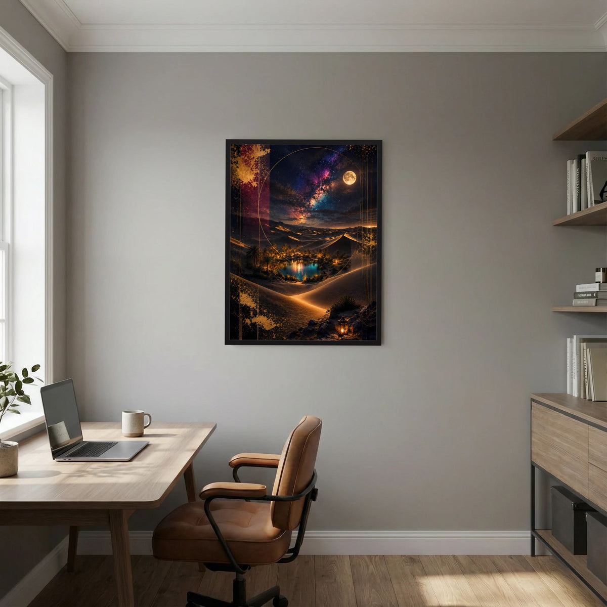 Hochformatiges Poster im schwarzen Rahmen: Dünenlandschaft mit Sternen, Mond und Lichtpfad